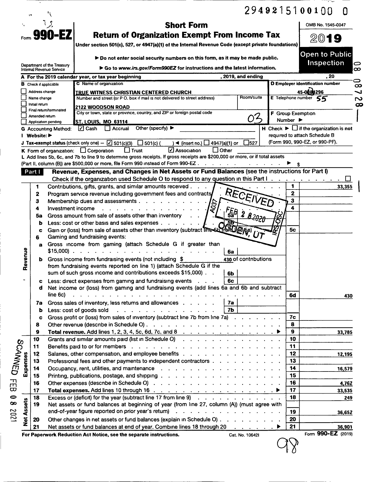 Image of first page of 2019 Form 990EZ for True Witness Christian Centered Church