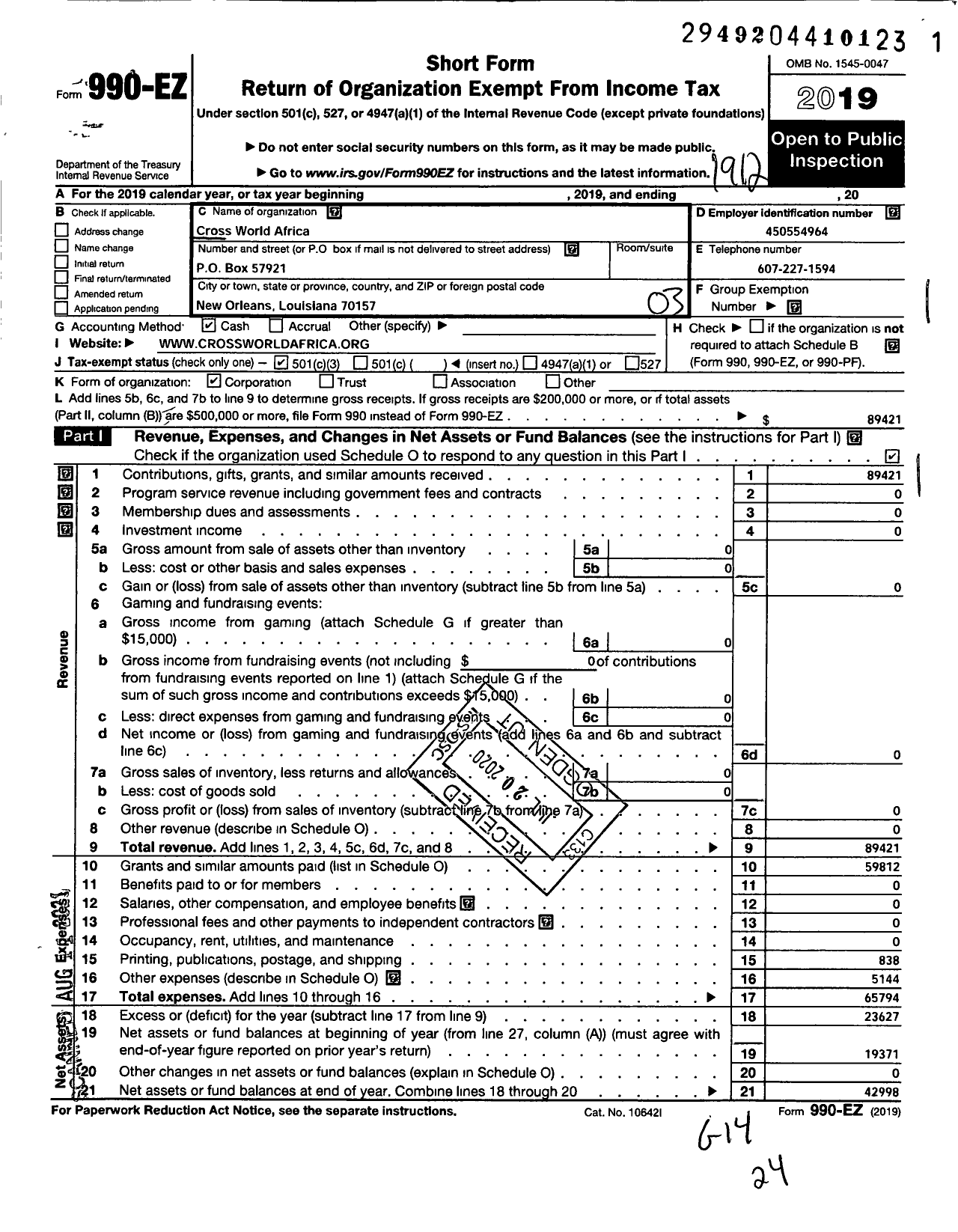 Image of first page of 2019 Form 990EZ for Cross World Africa