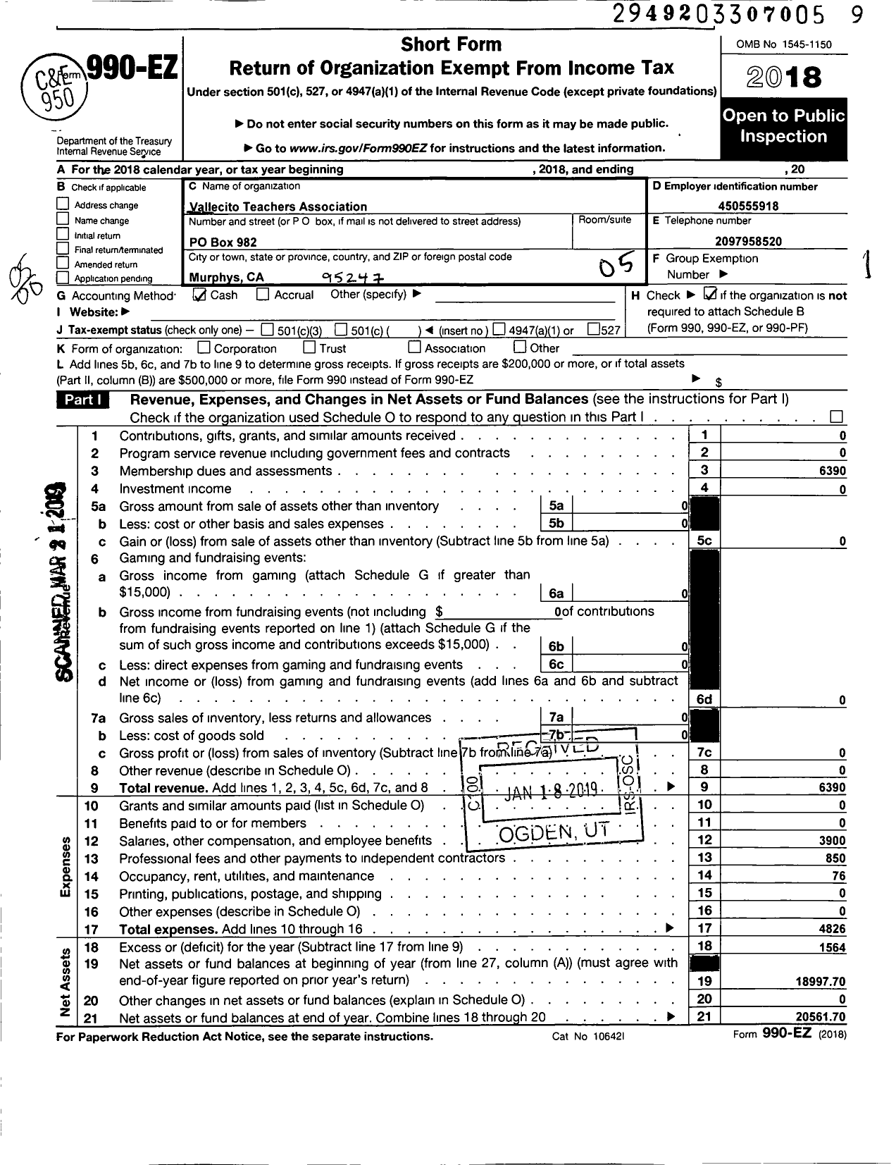 Image of first page of 2018 Form 990EO for California Teachers Association - Vallecito Teachers Assoc