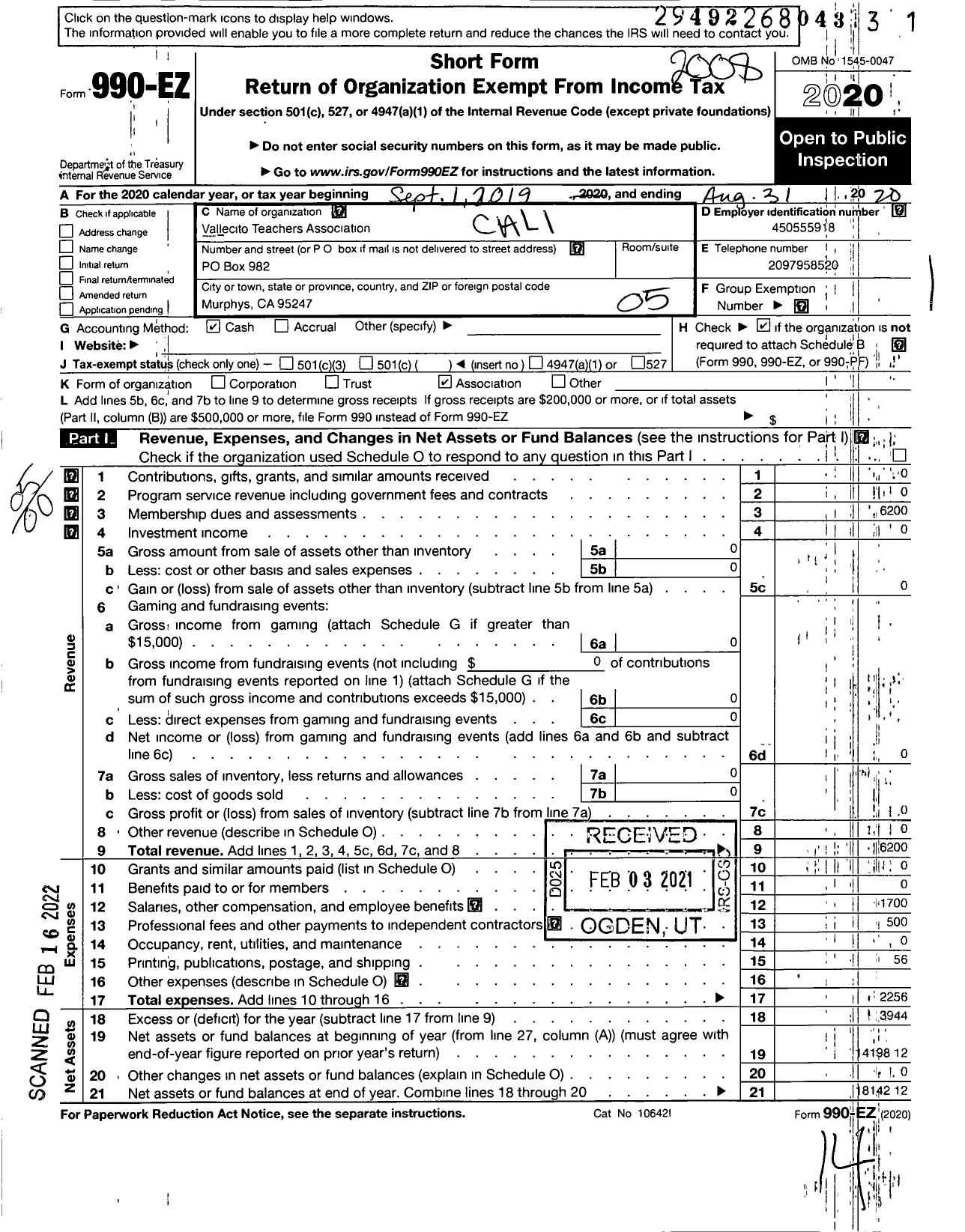 Image of first page of 2019 Form 990EO for California Teachers Association - Vallecito Teachers Assoc