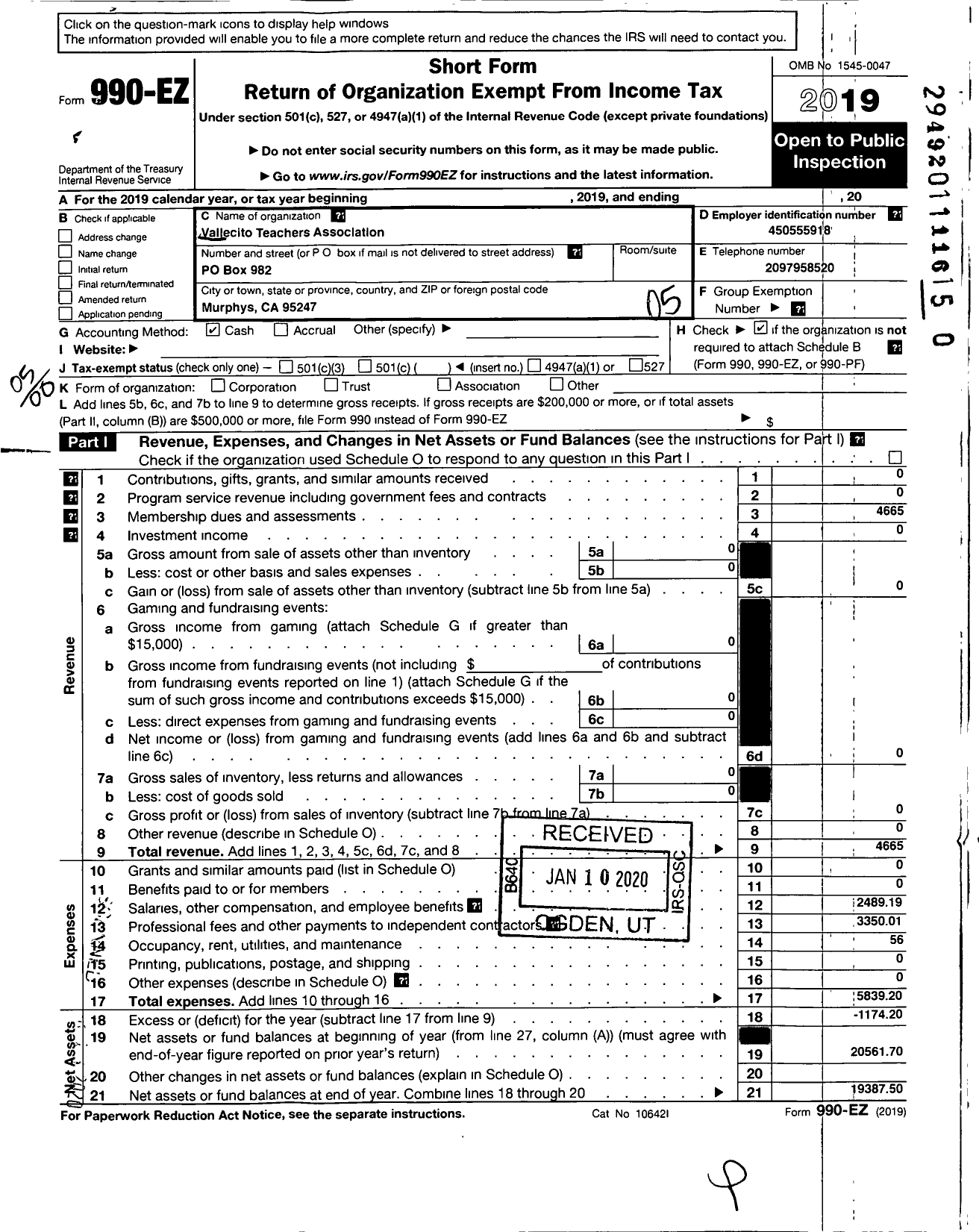 Image of first page of 2019 Form 990EO for California Teachers Association - Vallecito Teachers Assoc