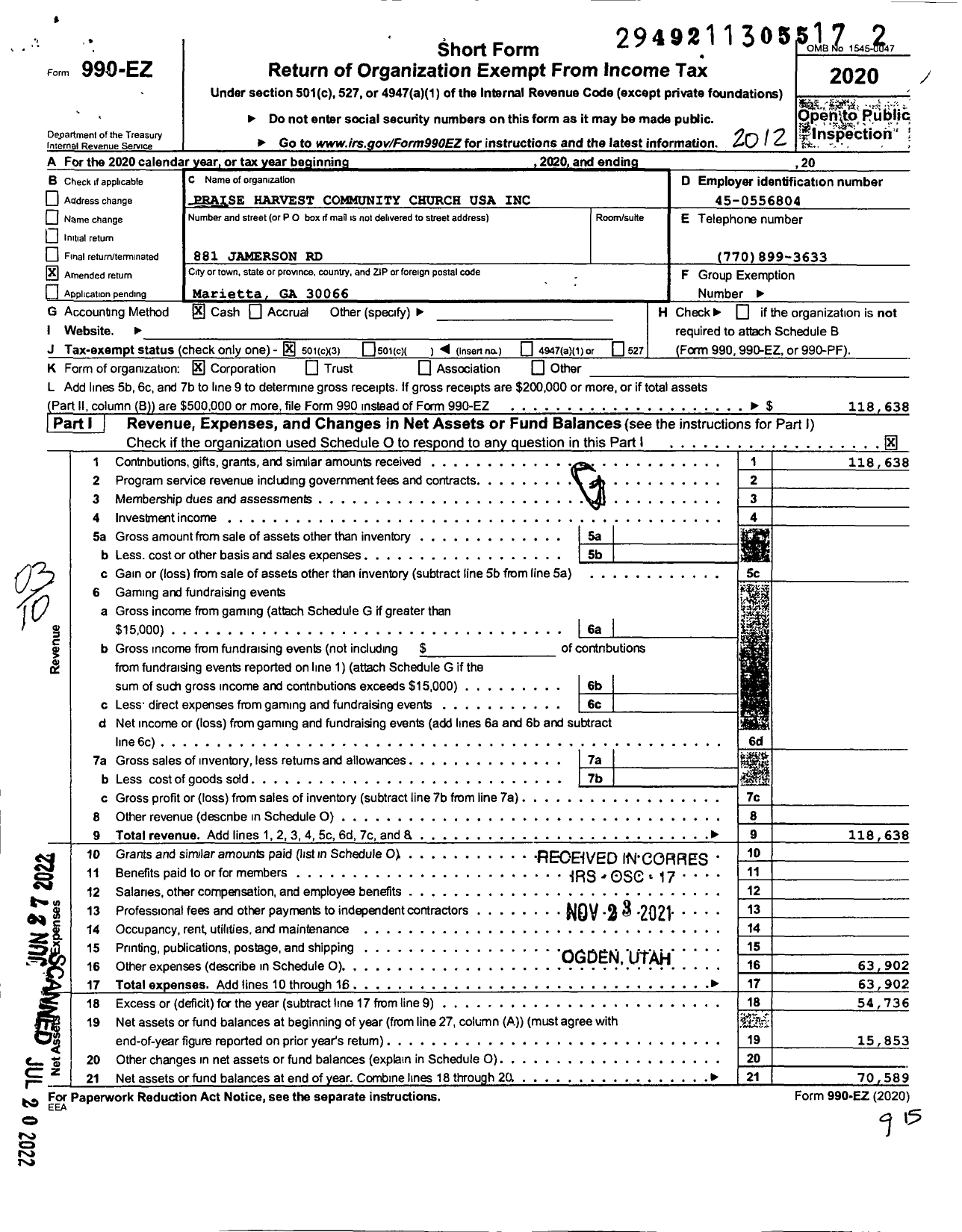 Image of first page of 2020 Form 990EZ for Praise Harvest Community Church USA