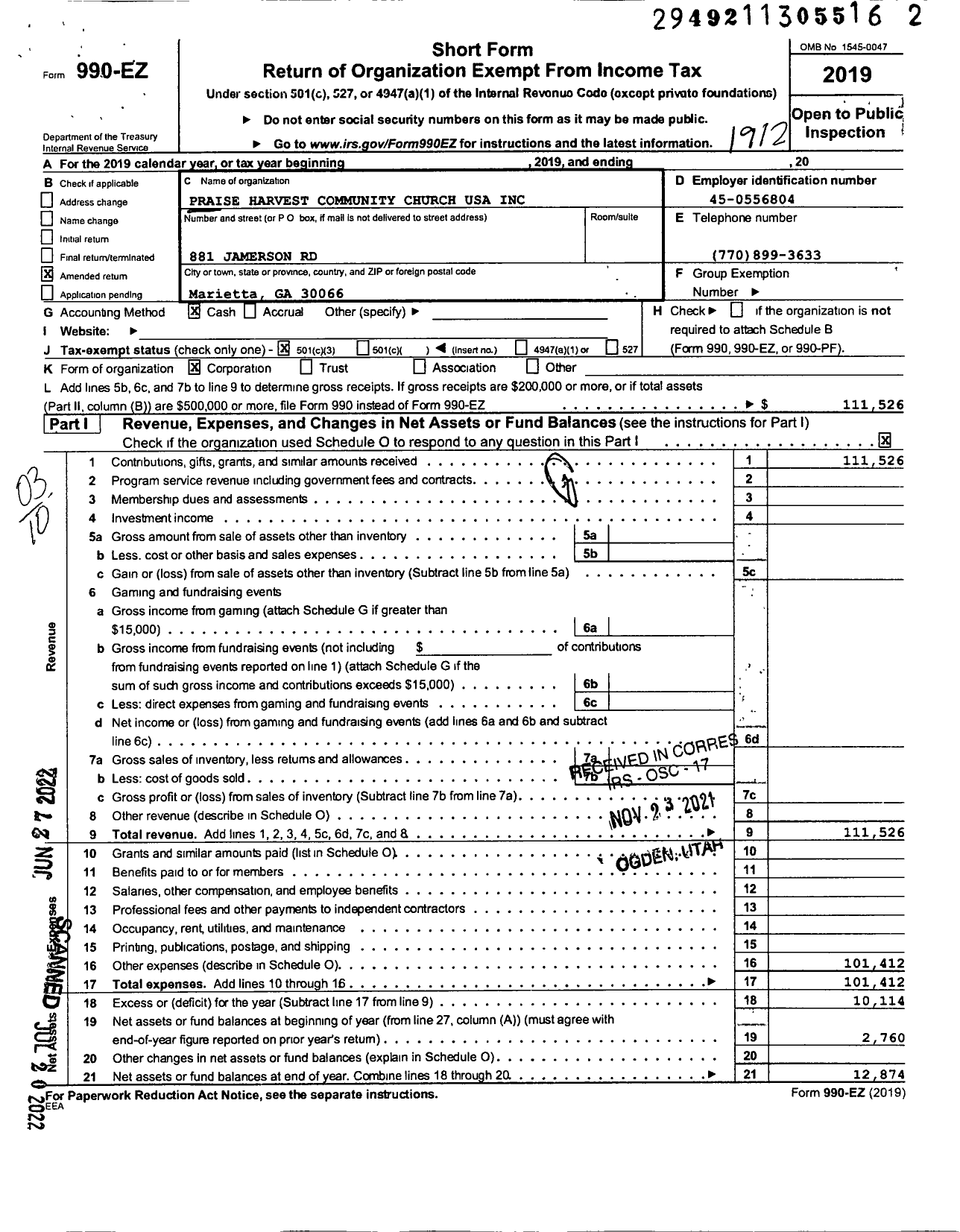 Image of first page of 2019 Form 990EZ for Praise Harvest Community Church USA