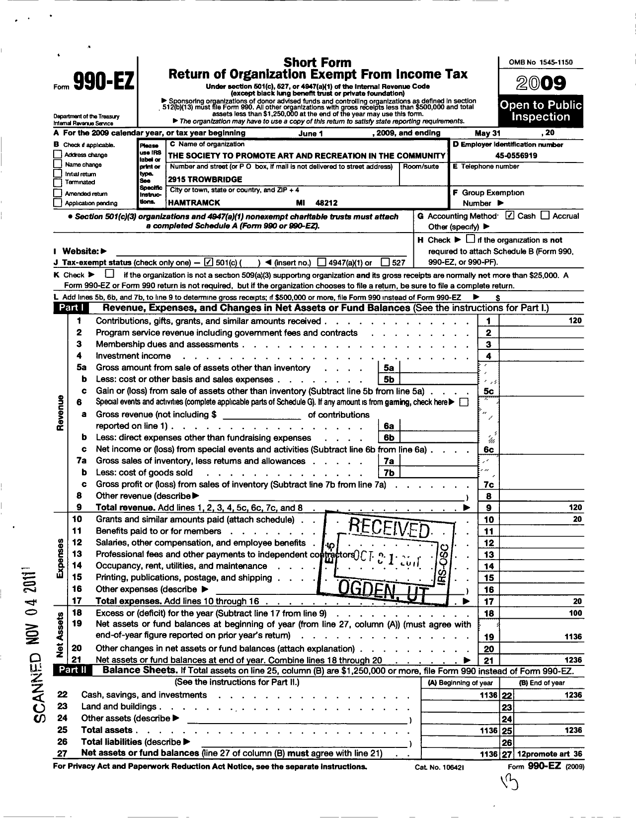 Image of first page of 2008 Form 990EO for The Society To Promote Art and Recreation in the Community