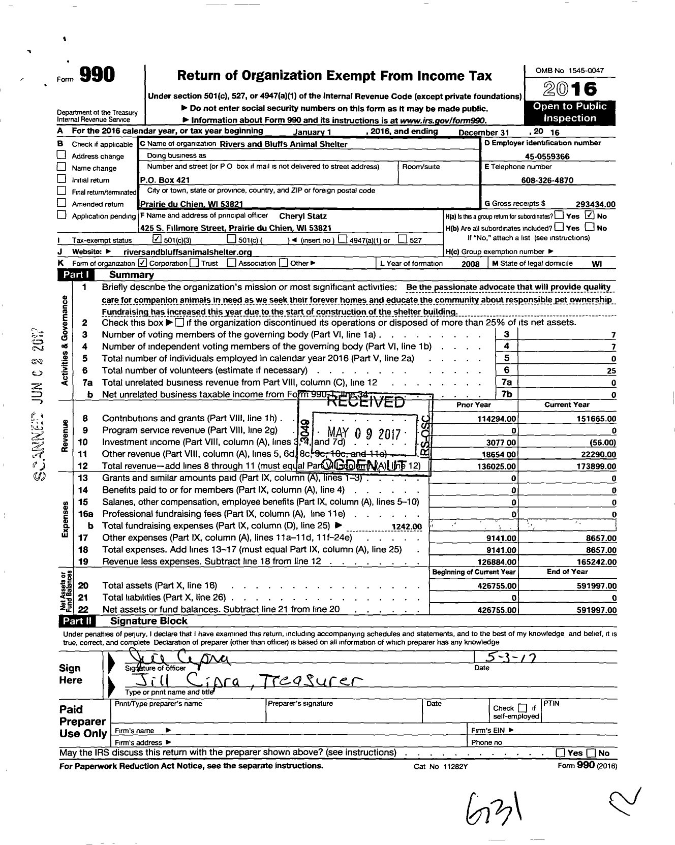 Image of first page of 2016 Form 990 for Rivers and Bluffs Animal Shelter