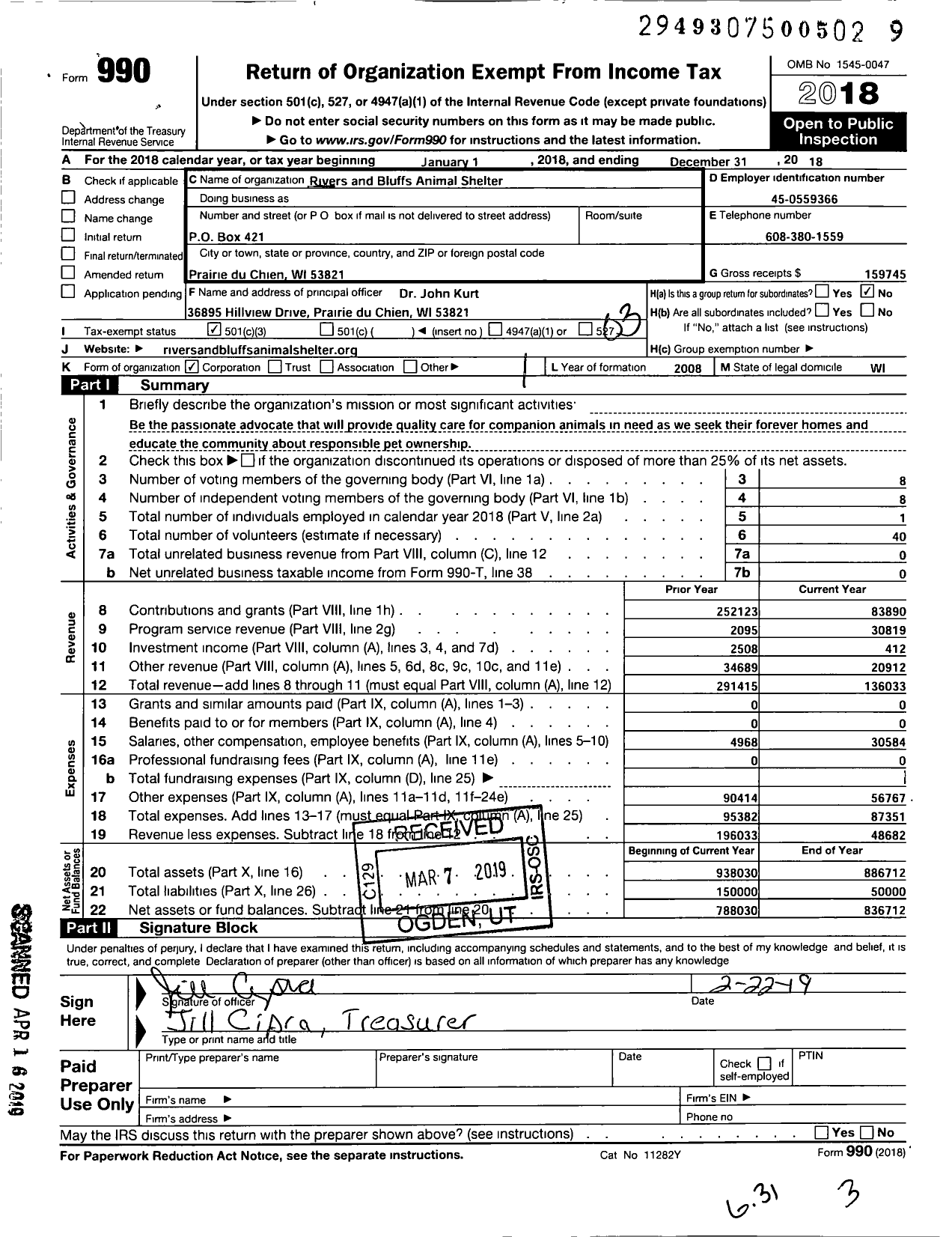 Image of first page of 2018 Form 990 for Rivers and Bluffs Animal Shelter