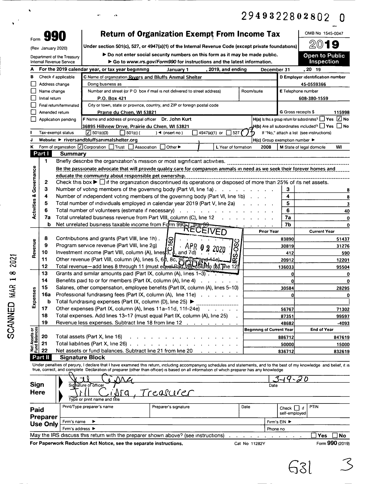Image of first page of 2019 Form 990 for Rivers and Bluffs Animal Shelter