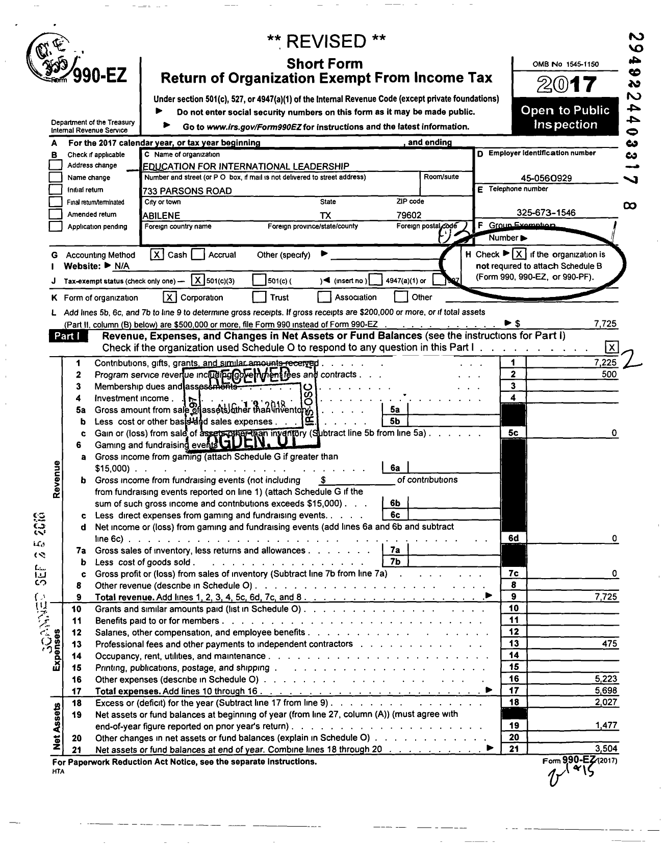 Image of first page of 2017 Form 990EZ for Education for International Leadership