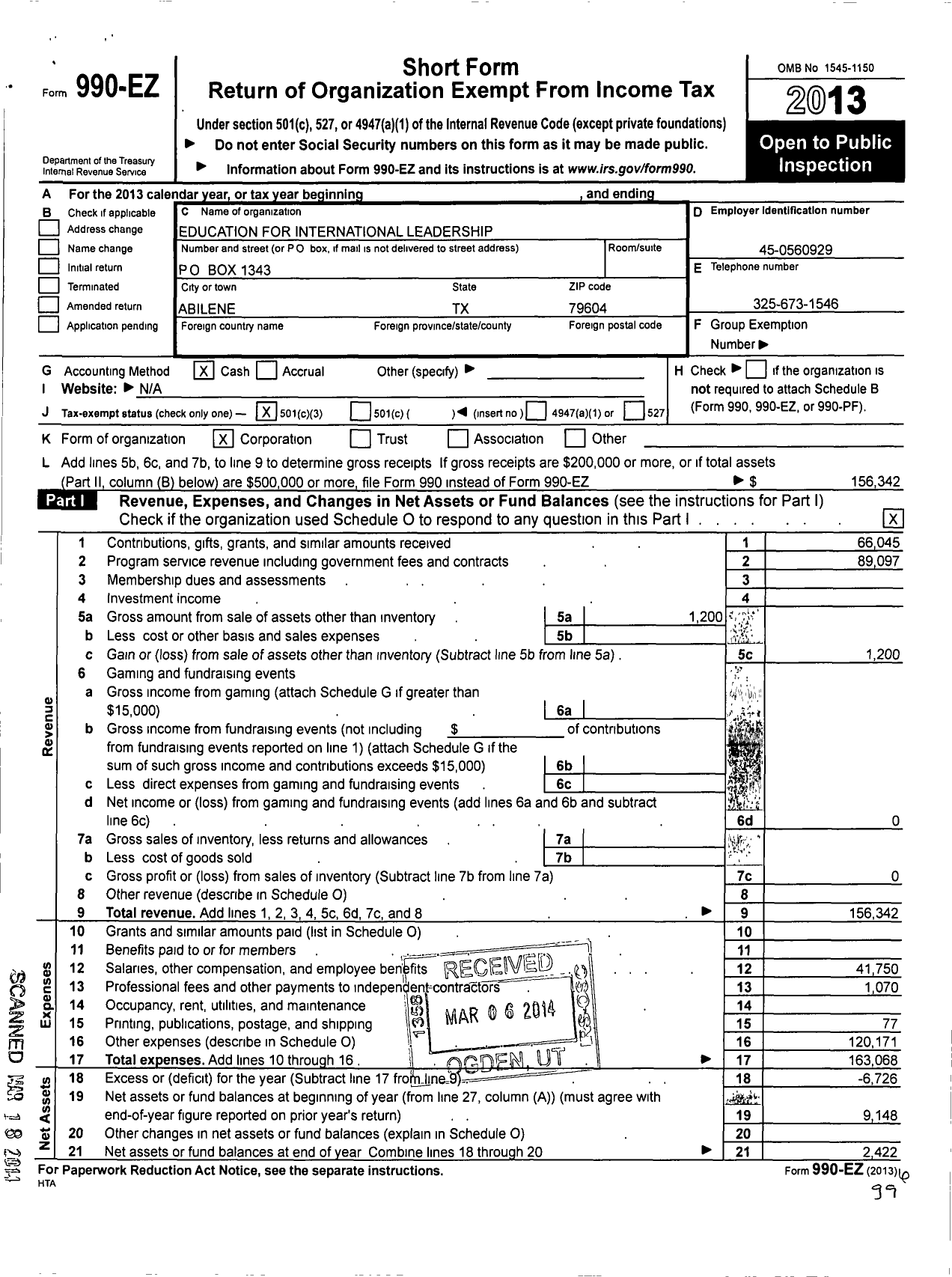 Image of first page of 2013 Form 990EZ for Education for International Leadership