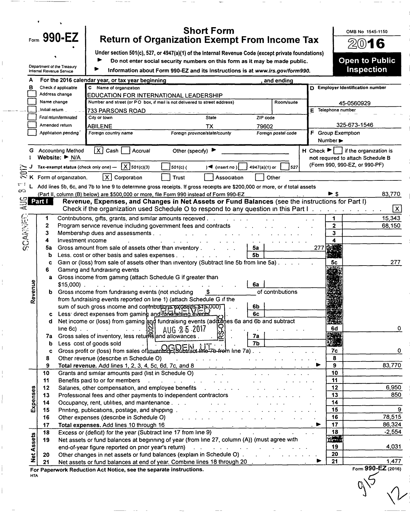 Image of first page of 2016 Form 990EZ for Education for International Leadership