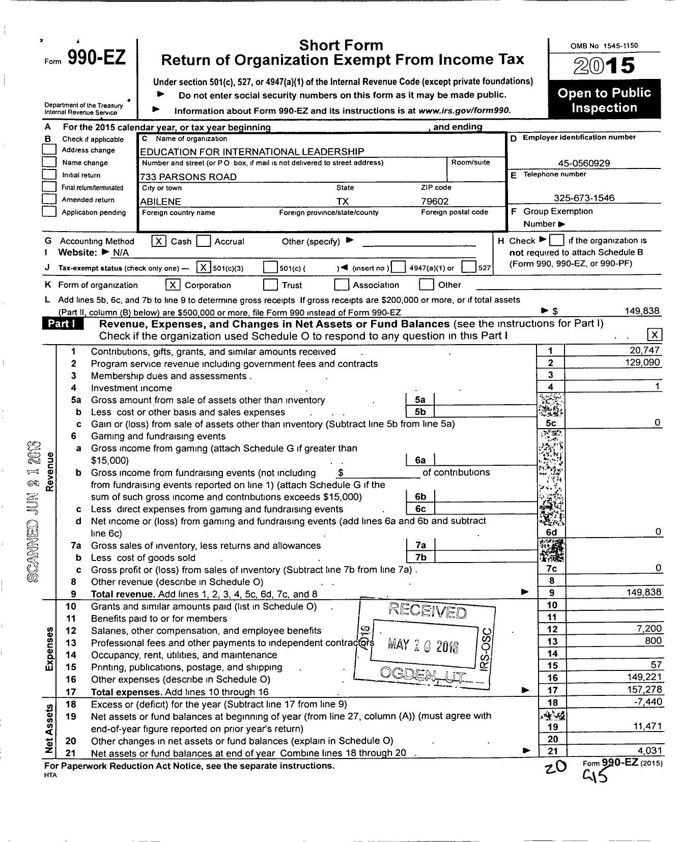 Image of first page of 2015 Form 990EZ for Education for International Leadership