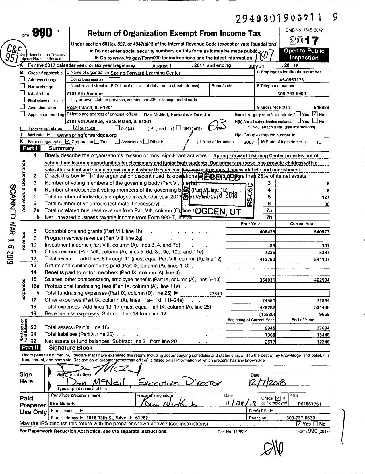 Image of first page of 2017 Form 990 for Spring Forward