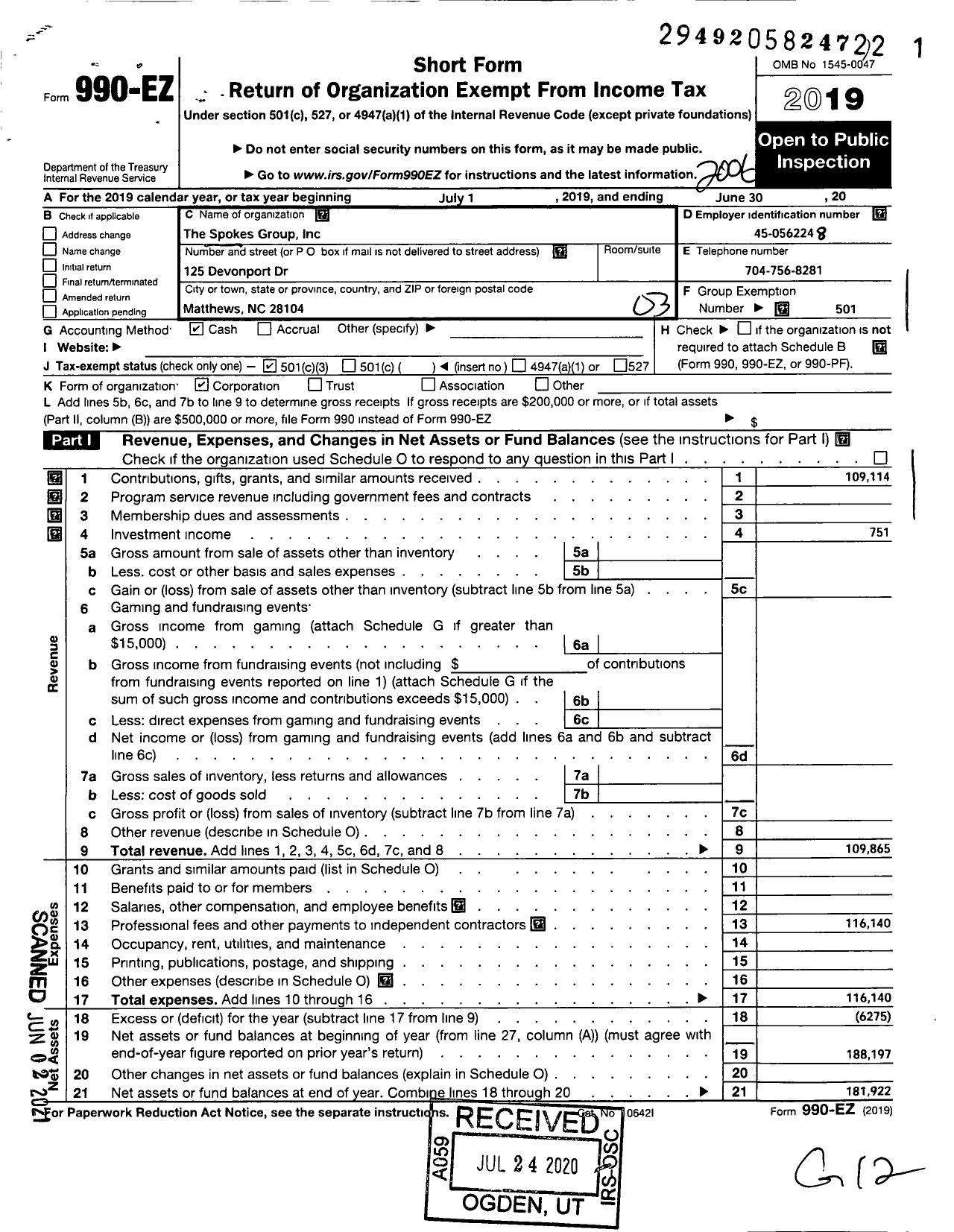 Image of first page of 2019 Form 990EZ for The Spokes Group