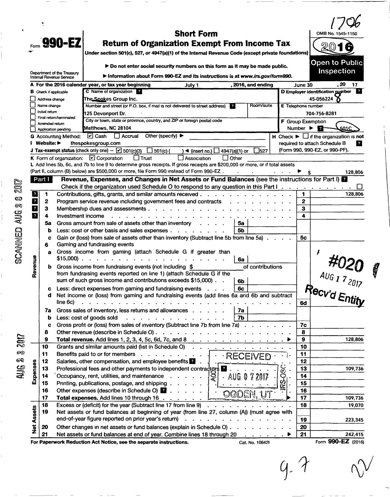 Image of first page of 2016 Form 990EZ for The Spokes Group