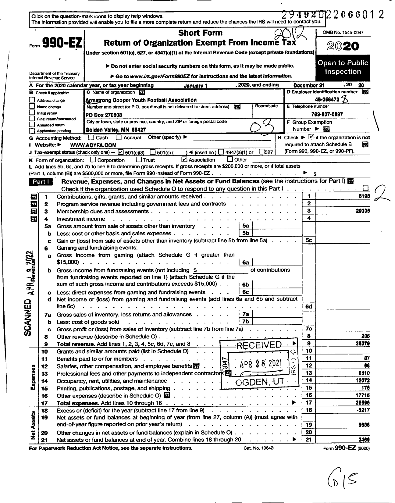 Image of first page of 2020 Form 990EZ for Armstrong Cooper Yth Football Association