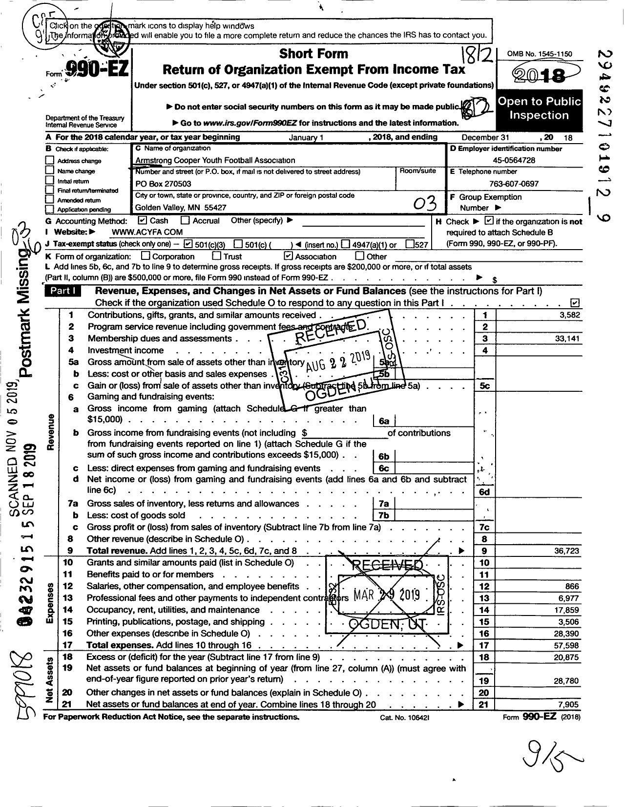 Image of first page of 2018 Form 990EZ for Armstrong Cooper Yth Football Association