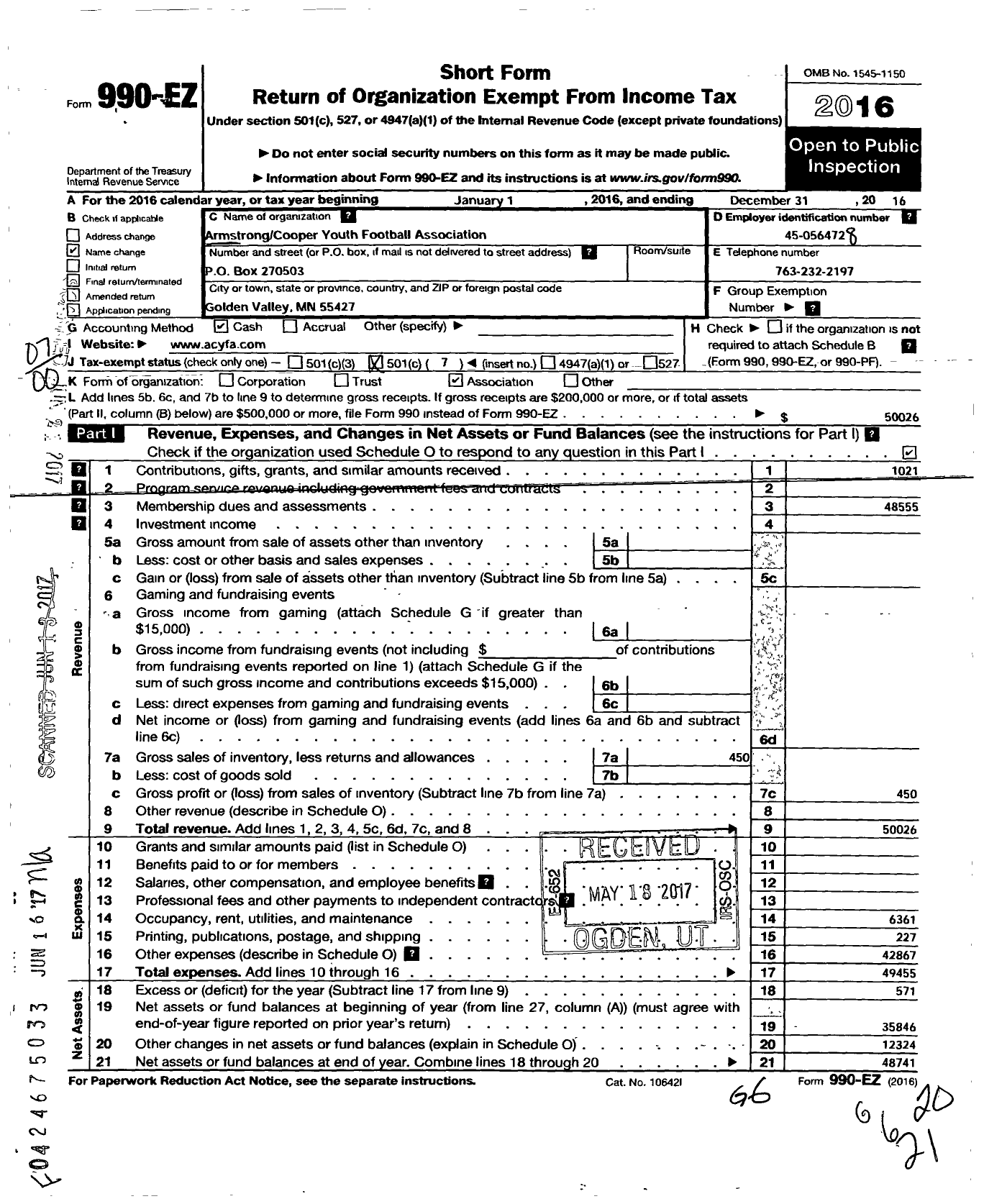 Image of first page of 2016 Form 990EO for Armstrong Cooper Yth Football Association