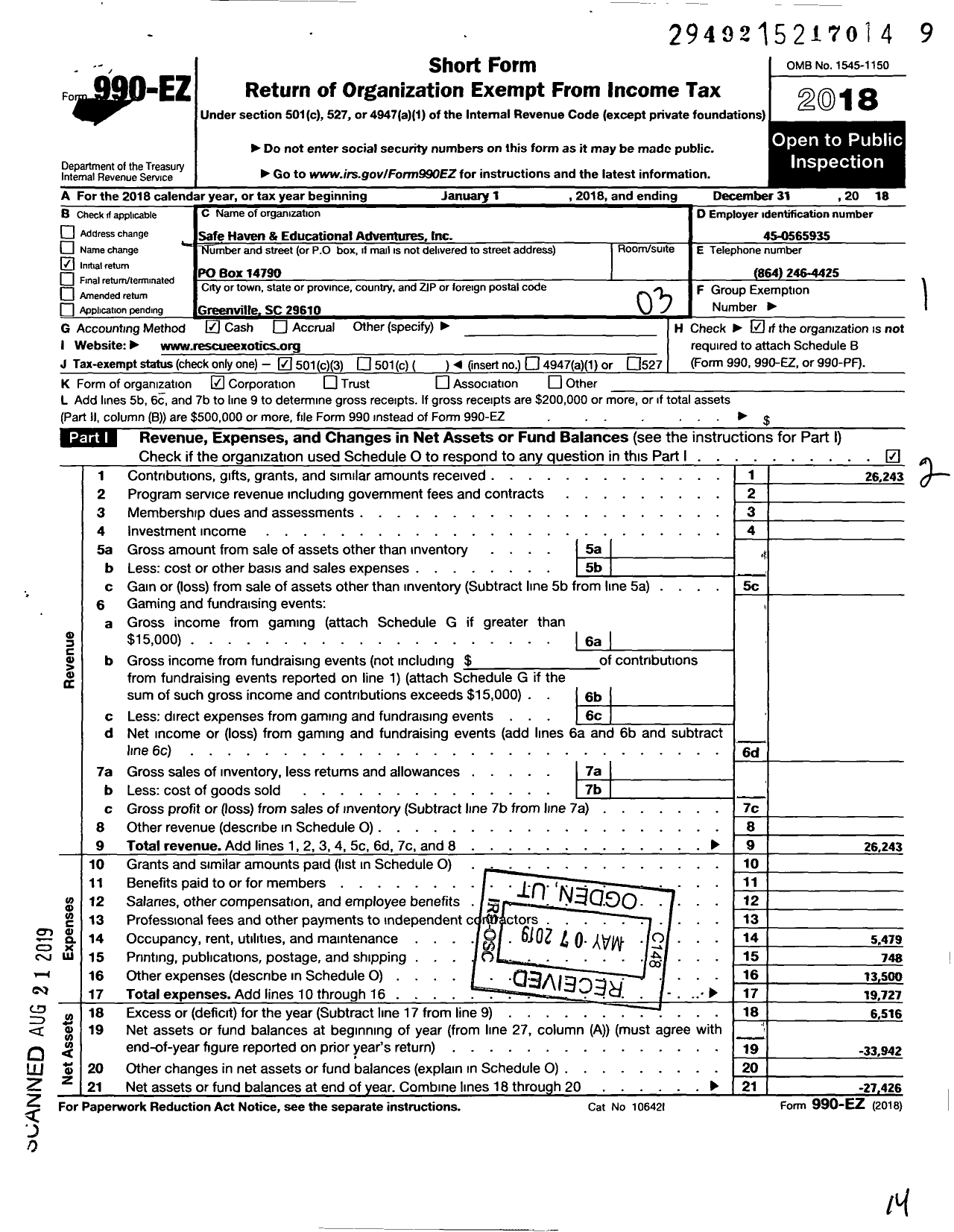 Image of first page of 2018 Form 990EZ for Safe Haven and Educational Adventures