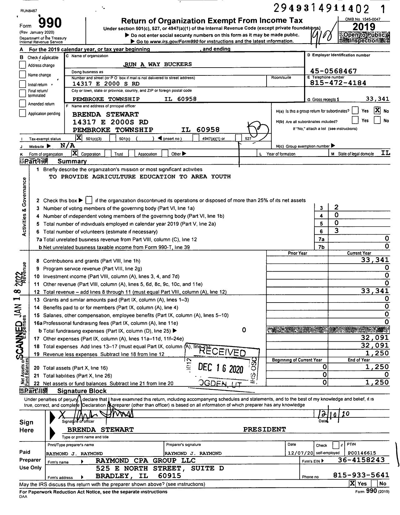 Image of first page of 2019 Form 990 for Run A Way Buckers