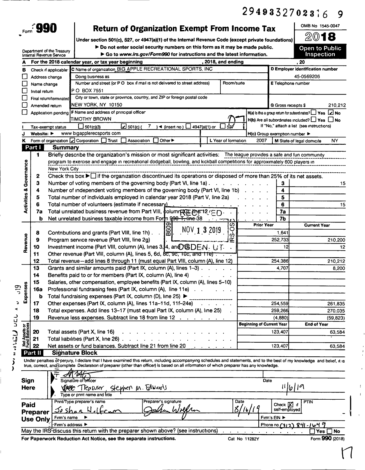 Image of first page of 2018 Form 990O for Big Apple Recreational Sports