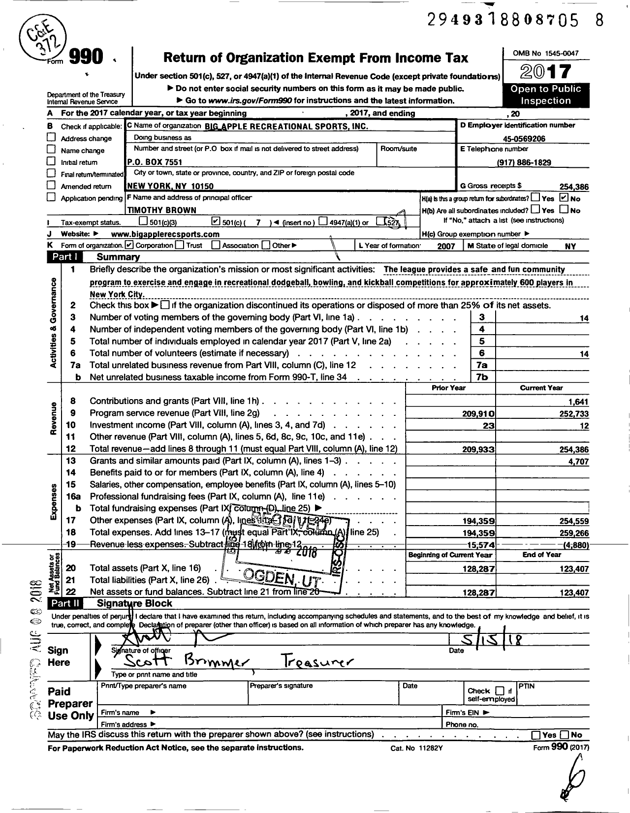 Image of first page of 2017 Form 990O for Big Apple Recreational Sports