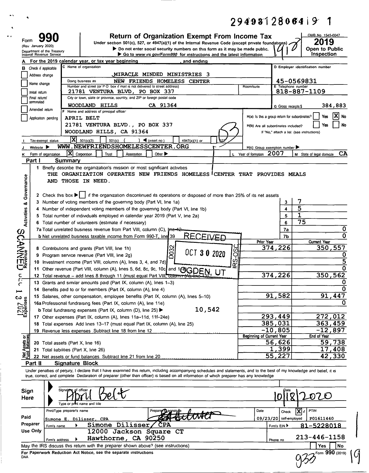 Image of first page of 2019 Form 990 for New Friends Homeless Center