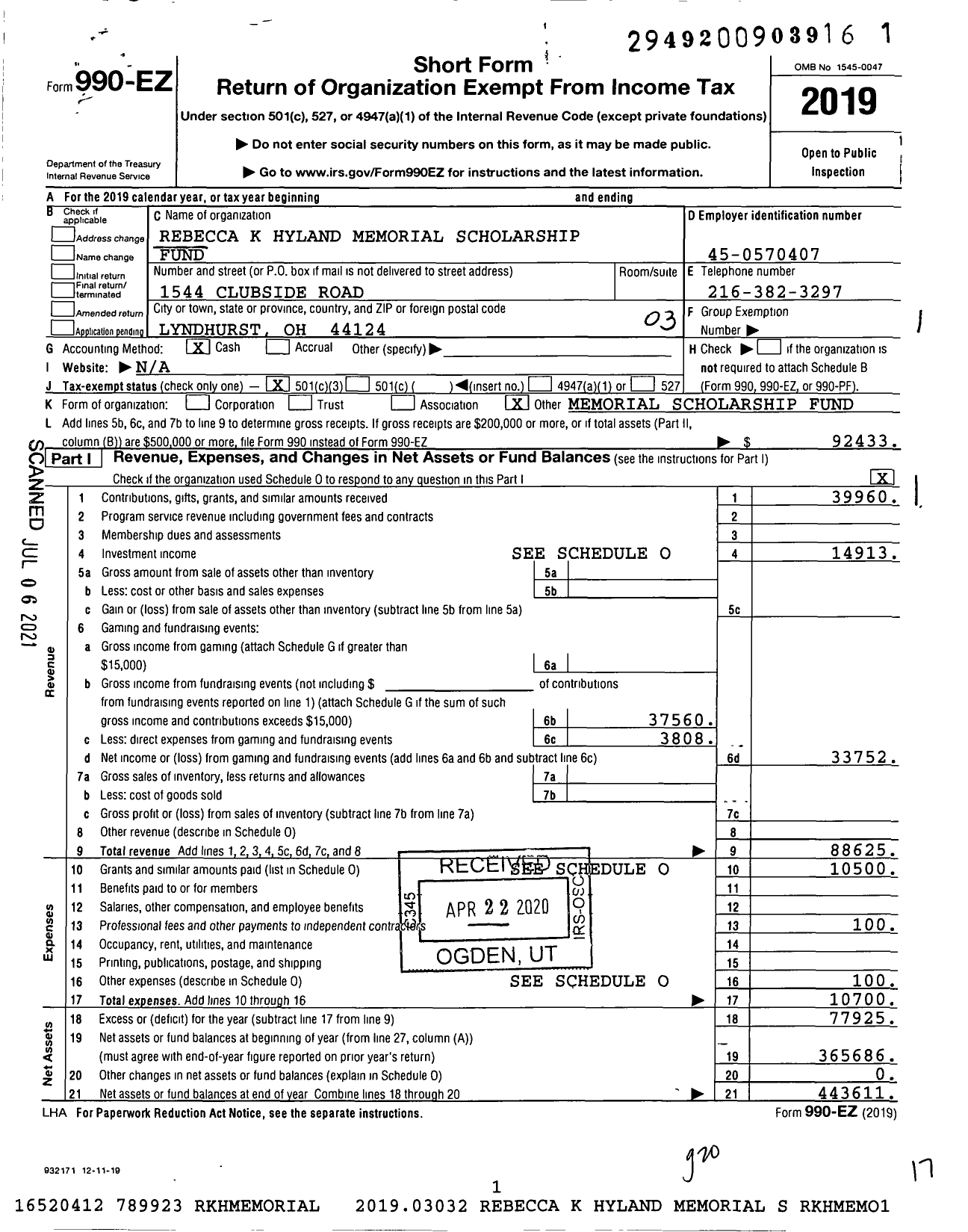 Image of first page of 2019 Form 990EZ for Rebecca K Hyland Memorial Scholarship Fund