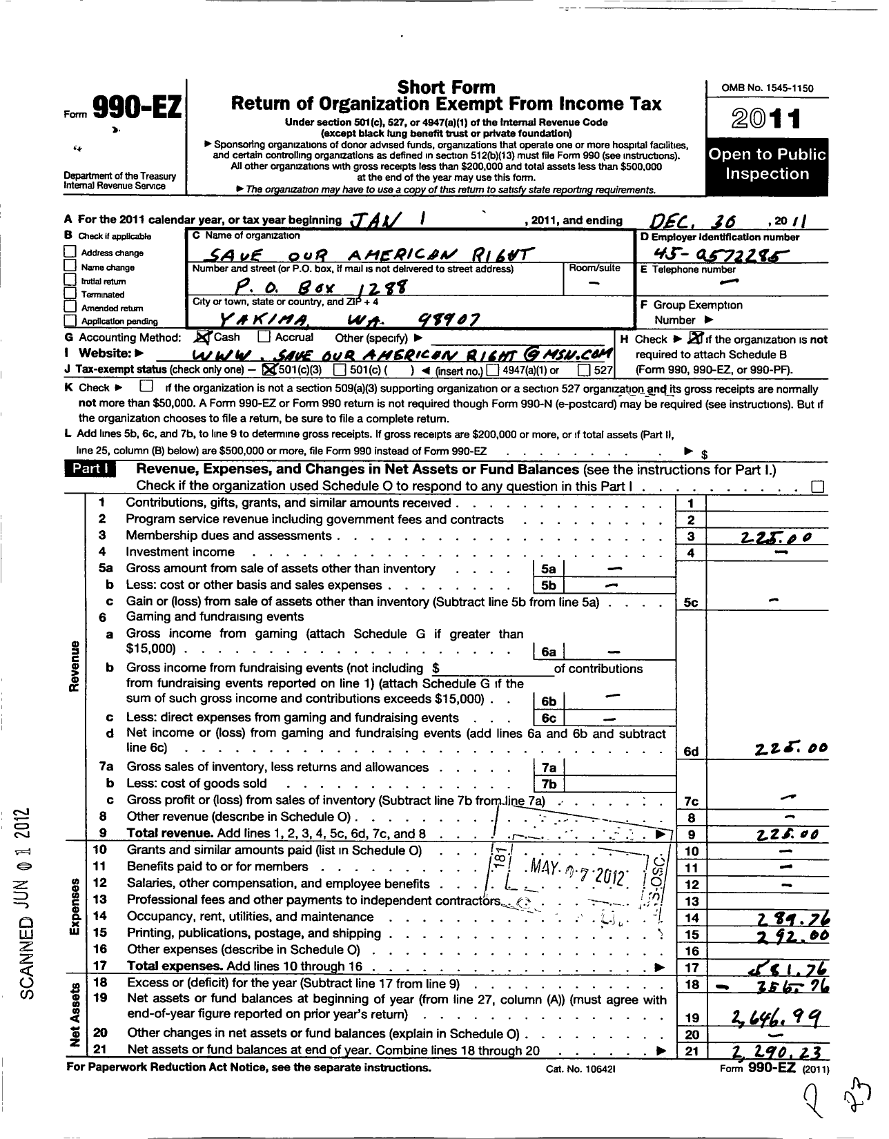 Image of first page of 2011 Form 990EZ for Save Our American Rights (SOAR)