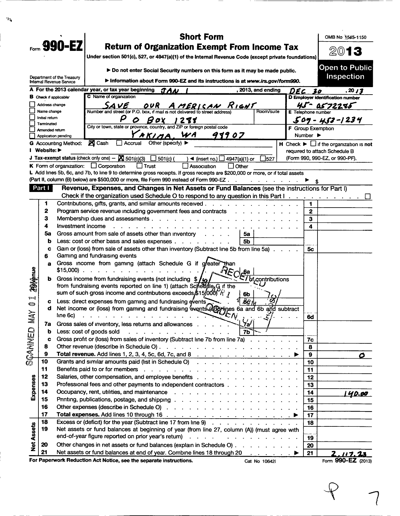 Image of first page of 2013 Form 990EZ for Save Our American Rights (SOAR)