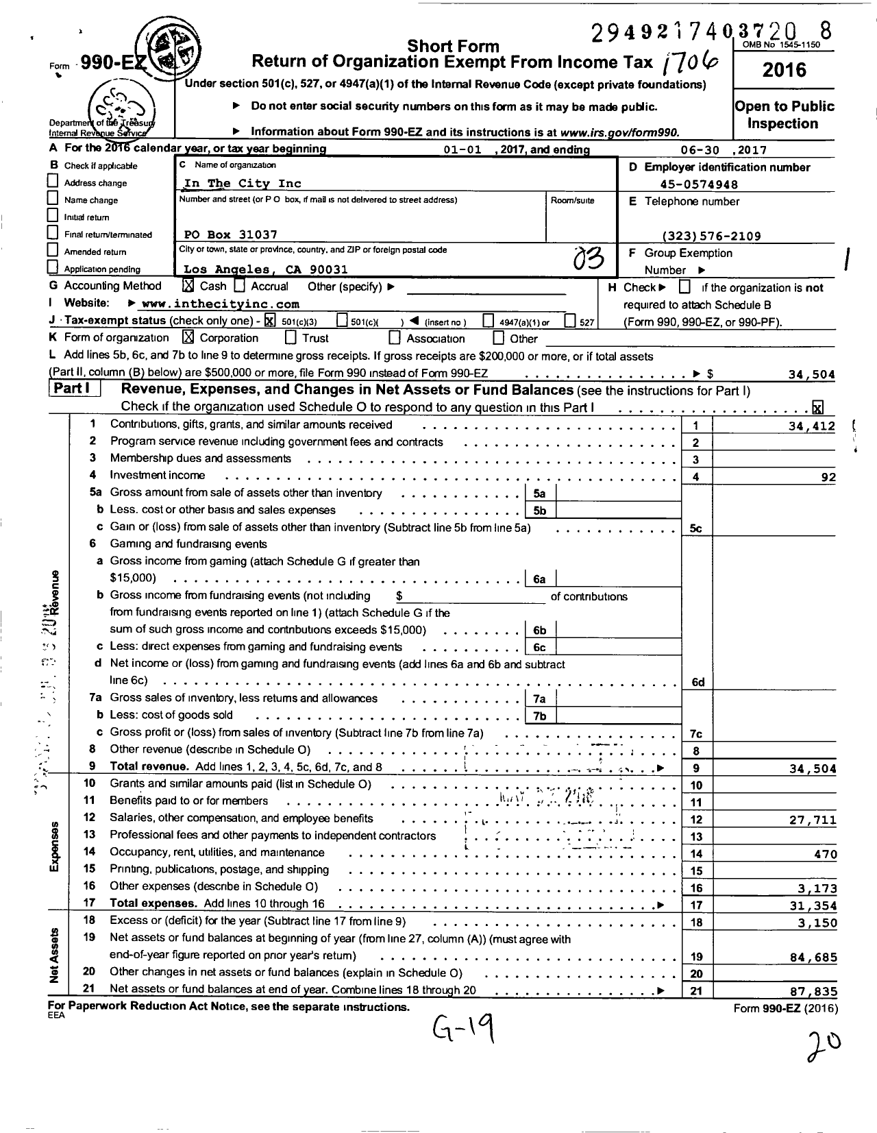 Image of first page of 2016 Form 990EZ for In The City