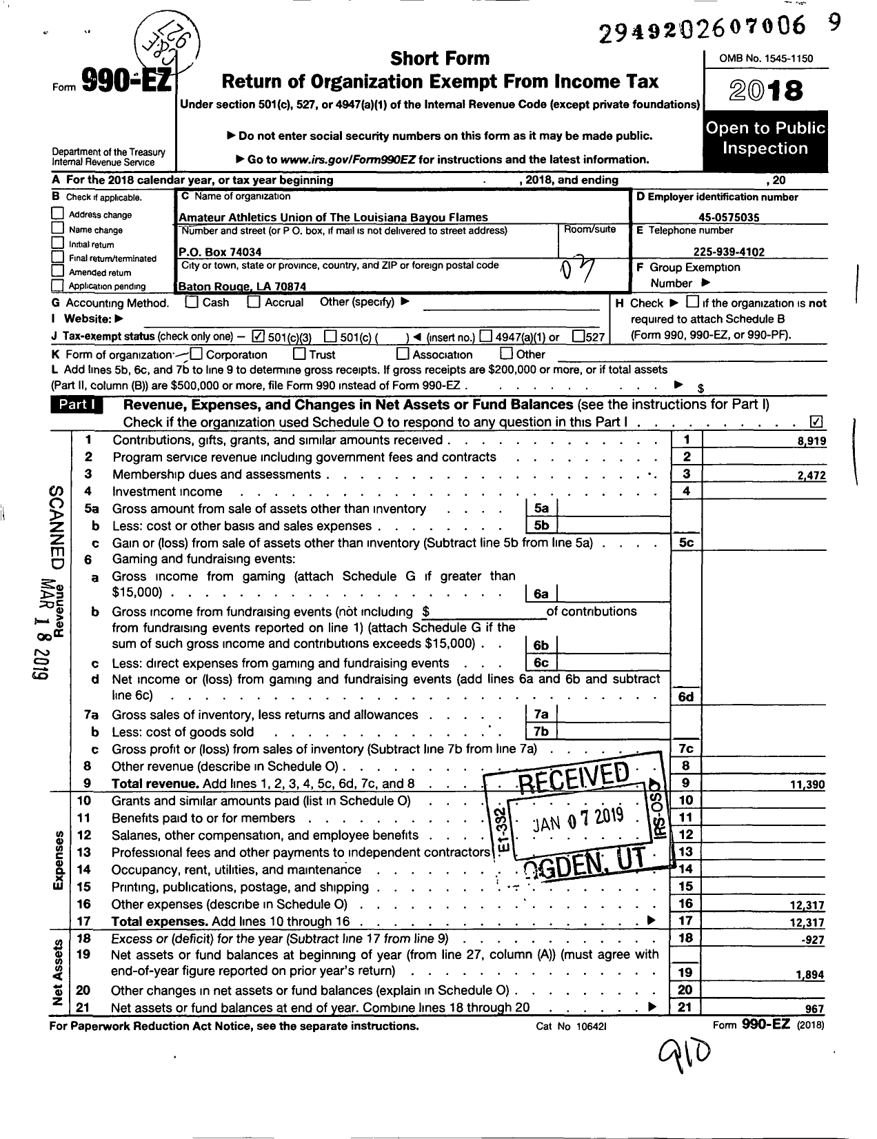 Image of first page of 2018 Form 990EZ for Amateur Athletic Union - Louisiana Bayou Flames