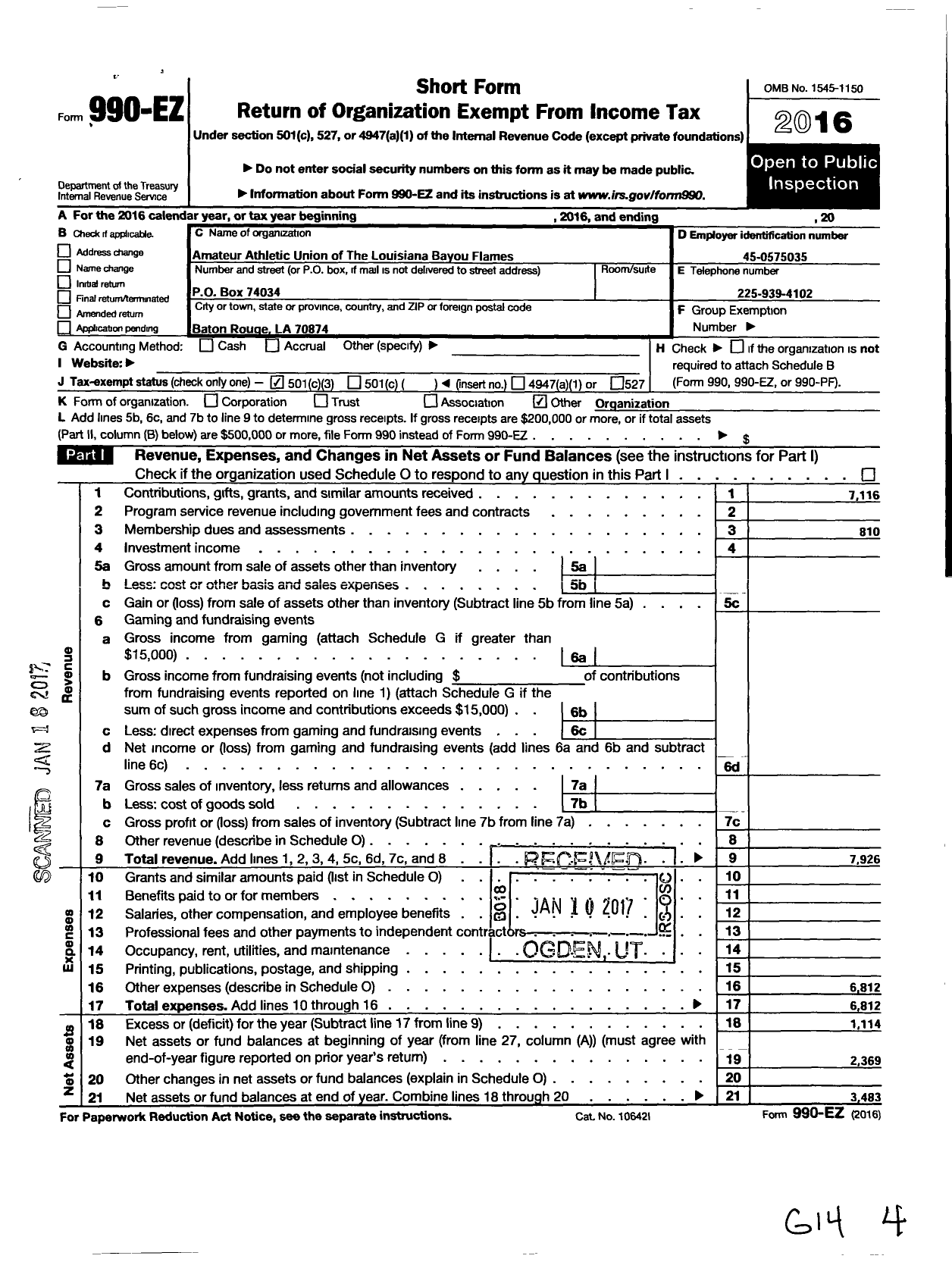 Image of first page of 2016 Form 990EZ for Amateur Athletic Union - Louisiana Bayou Flames