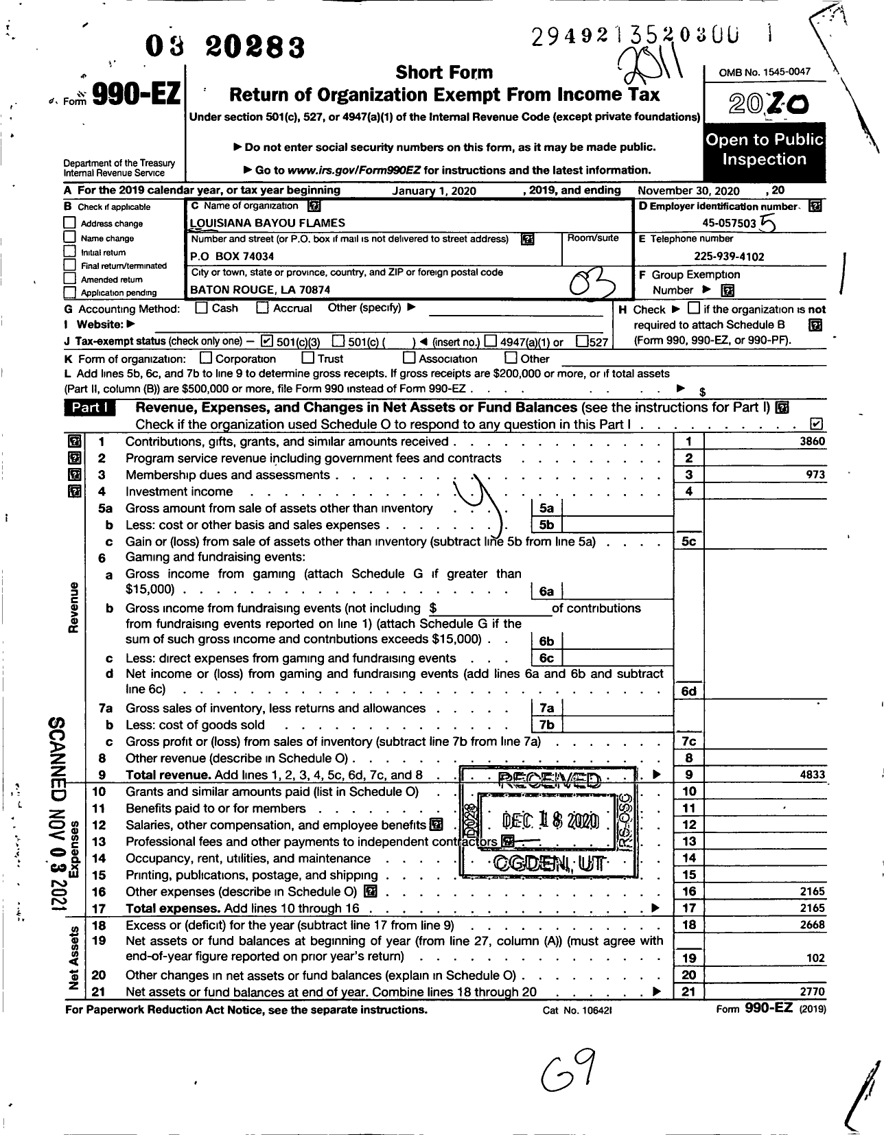 Image of first page of 2019 Form 990EZ for Amateur Athletic Union - Louisiana Bayou Flames