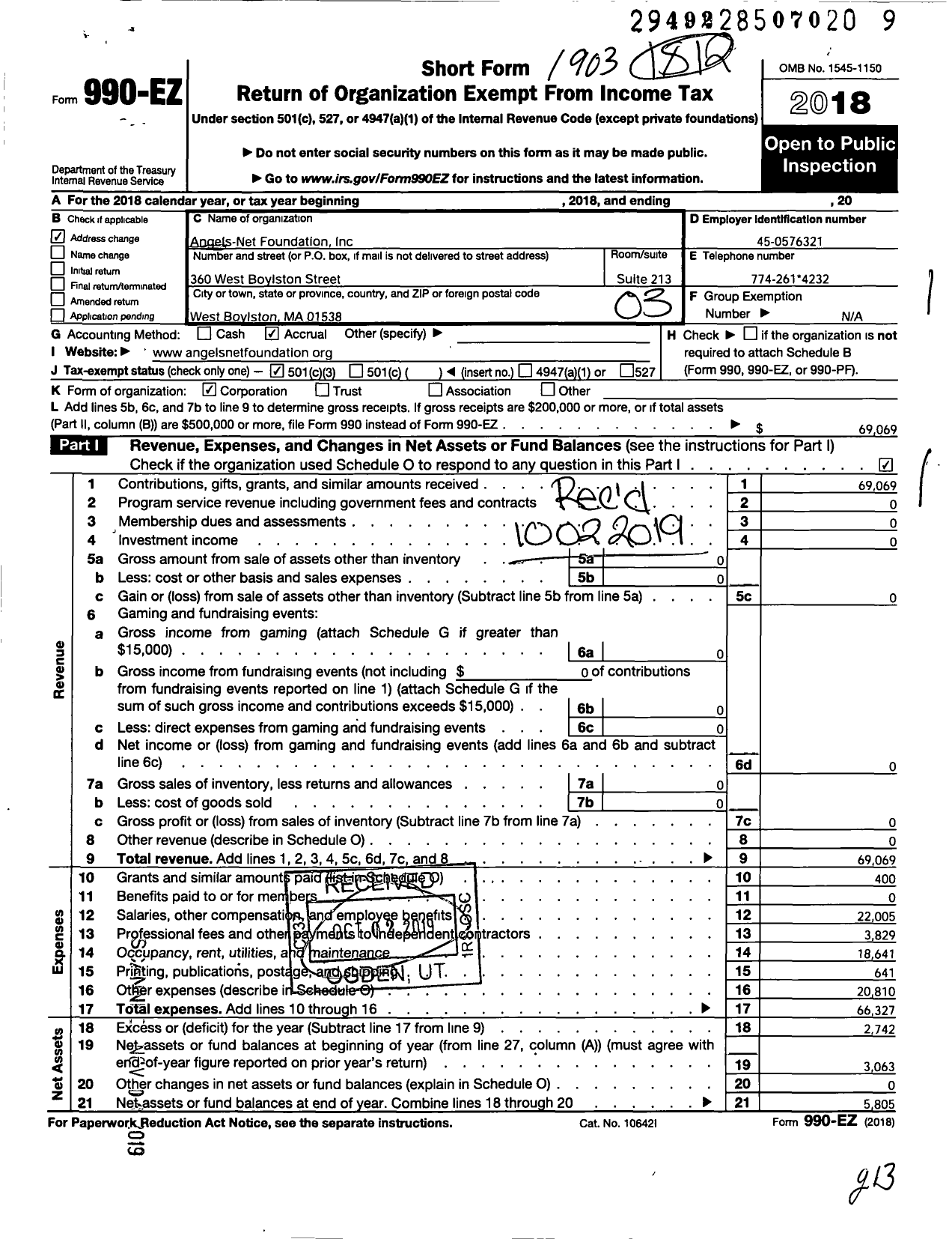 Image of first page of 2018 Form 990EZ for Angels Net Foundation