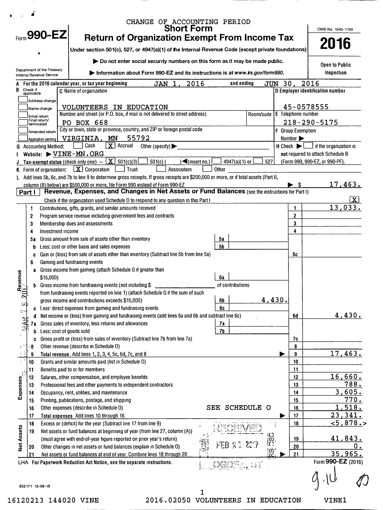 Image of first page of 2015 Form 990EZ for Volunteers in Education