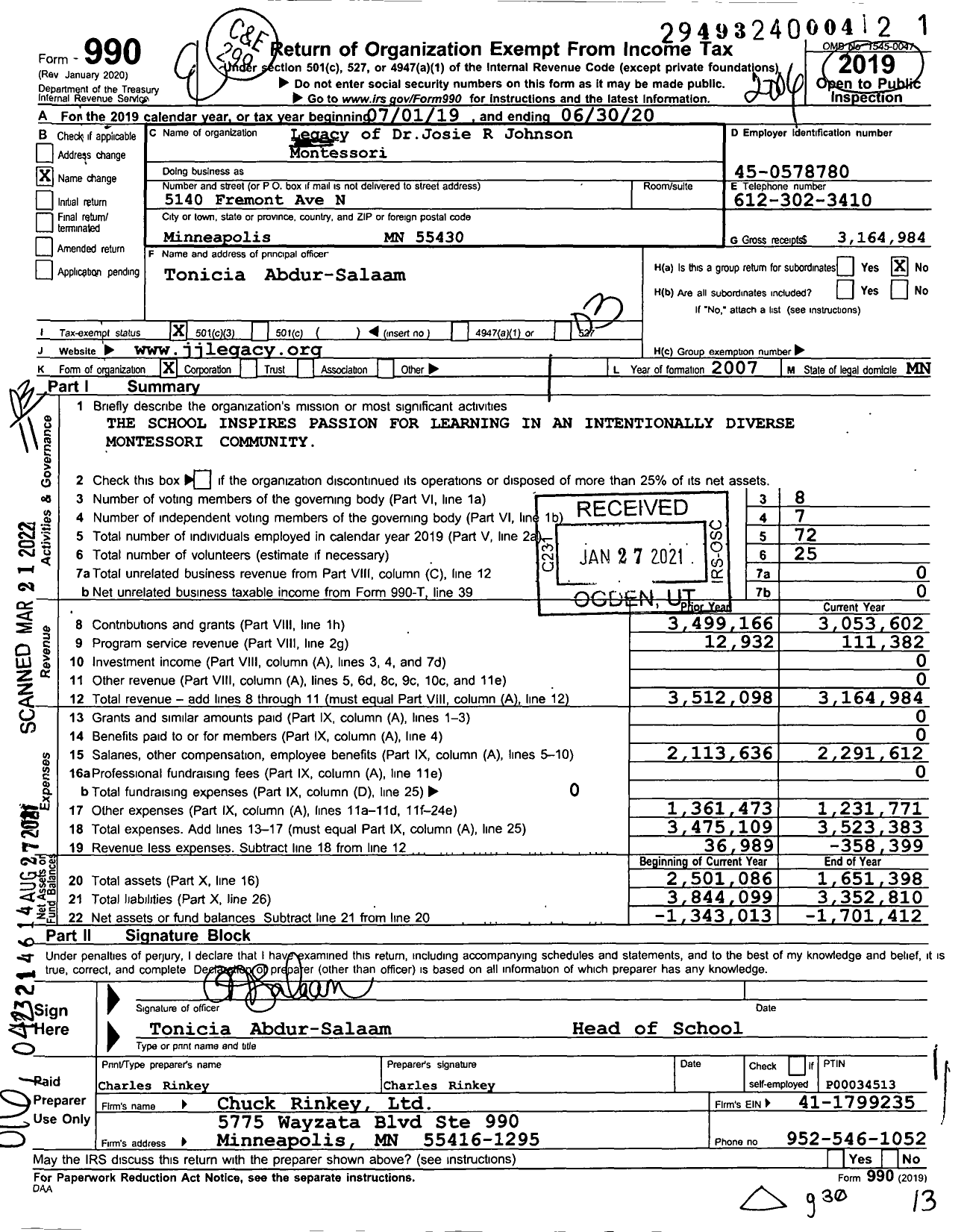 Image of first page of 2019 Form 990 for Bright Water Montessori Schools