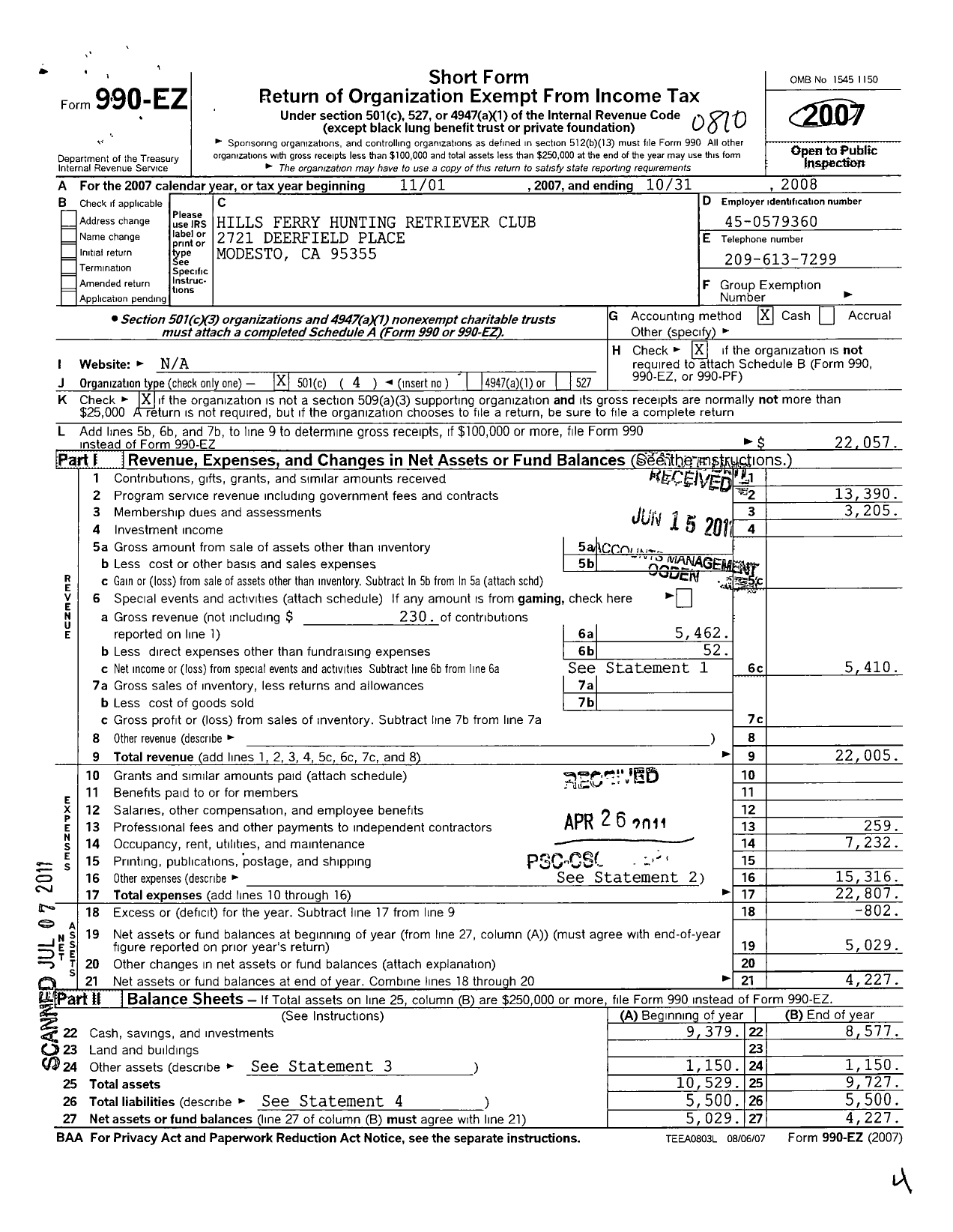 Image of first page of 2007 Form 990EO for Hills Ferry Hunting Retriever Club