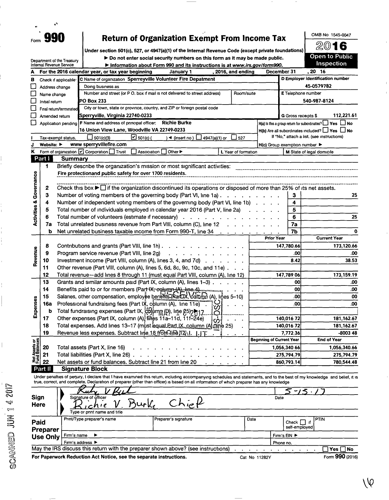 Image of first page of 2016 Form 990O for Sperryville Volunteer Fire Department