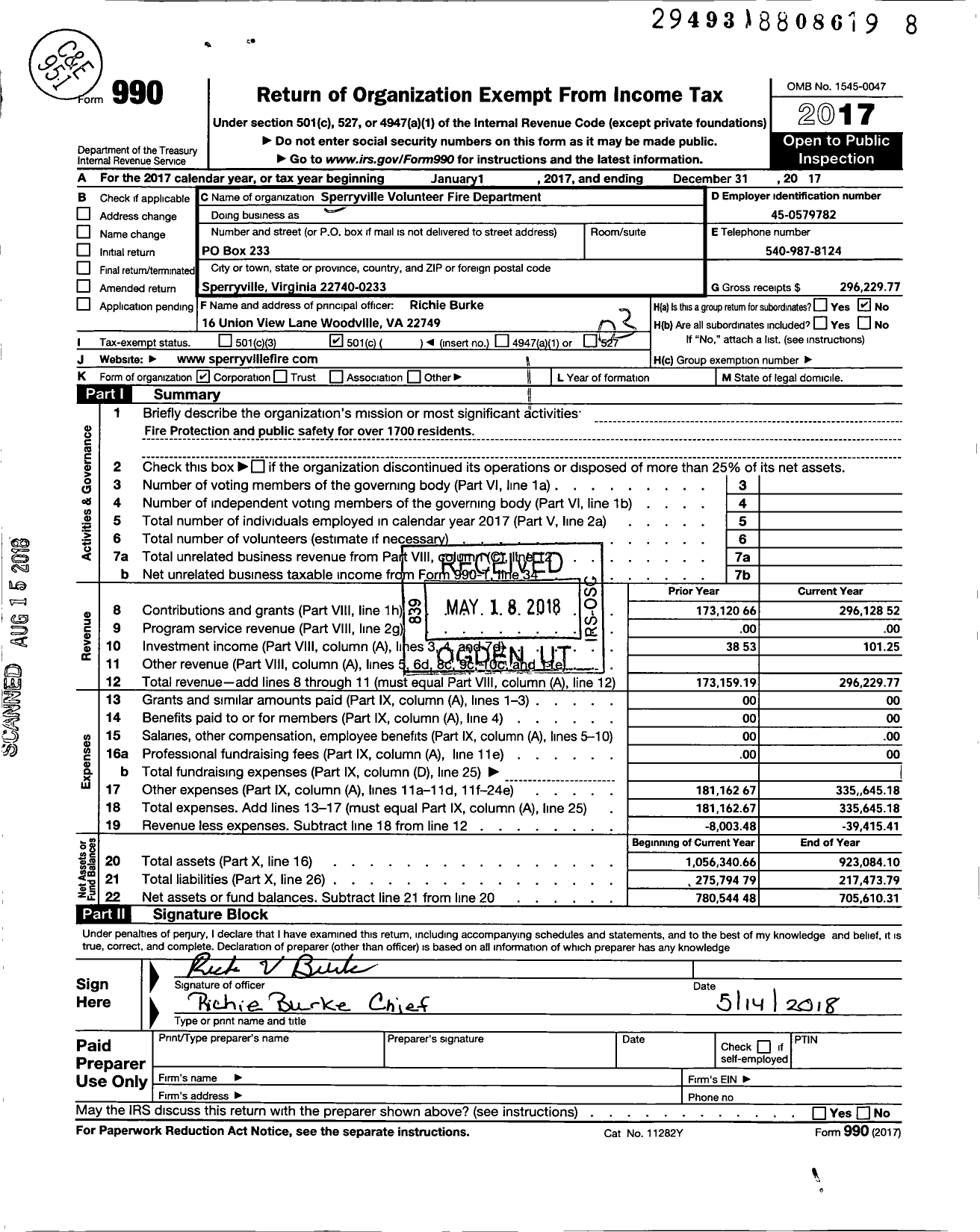 Image of first page of 2017 Form 990 for Sperryville Volunteer Fire Department