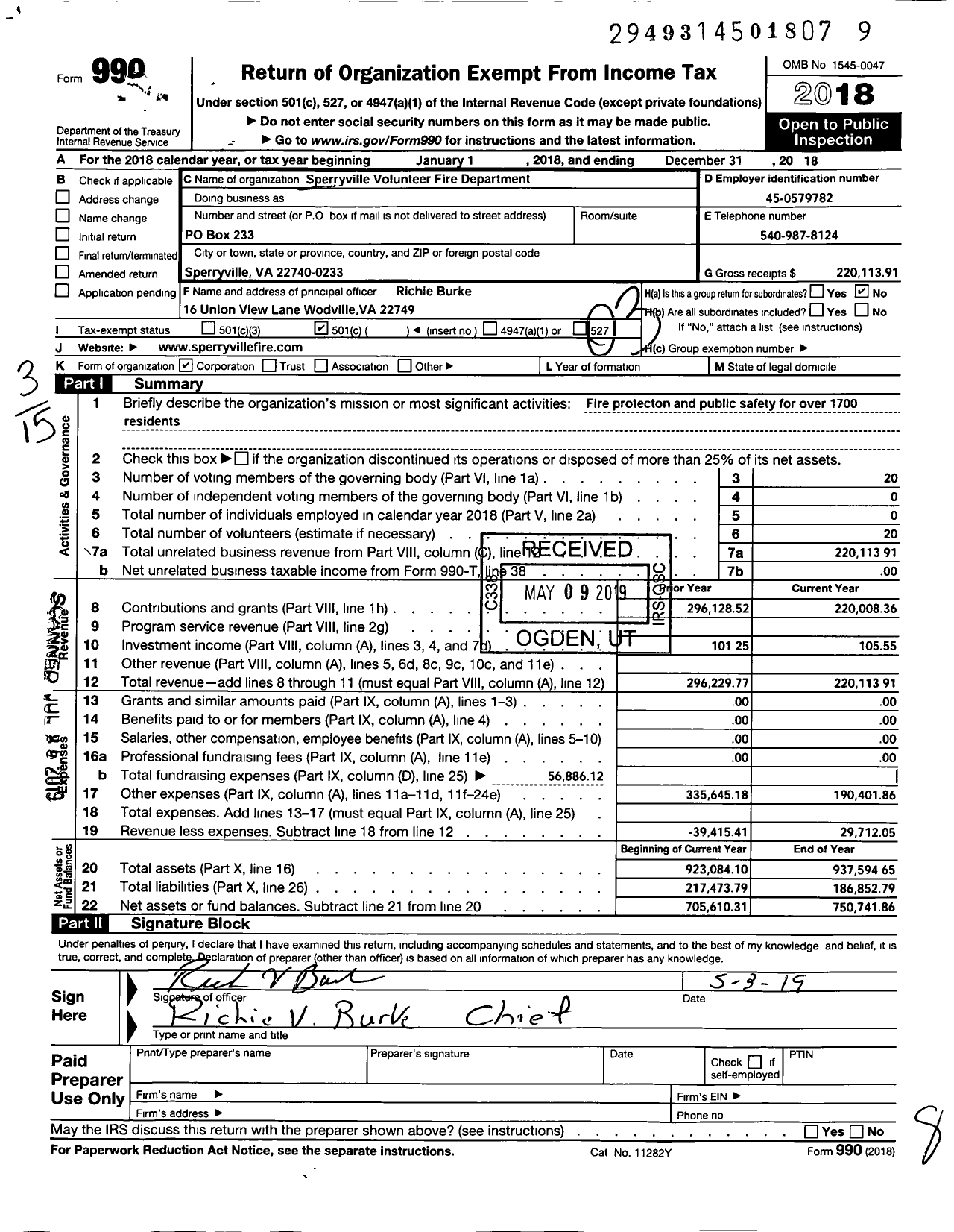 Image of first page of 2018 Form 990 for Sperryville Volunteer Fire Department