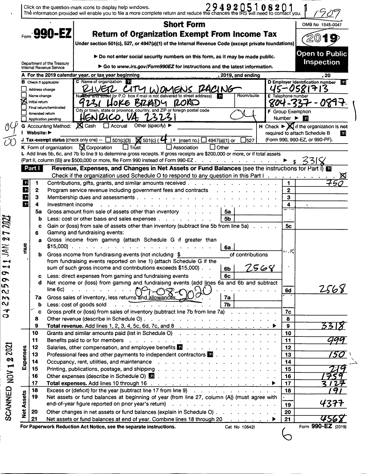 Image of first page of 2018 Form 990EO for River City Womens Racing