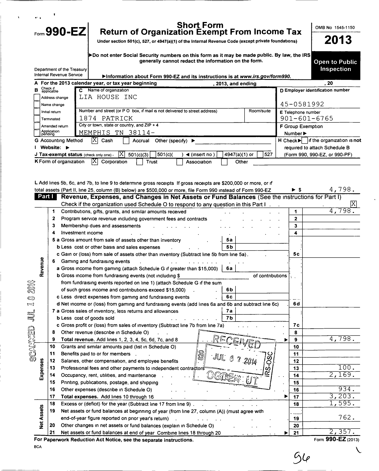 Image of first page of 2013 Form 990EZ for Lia House