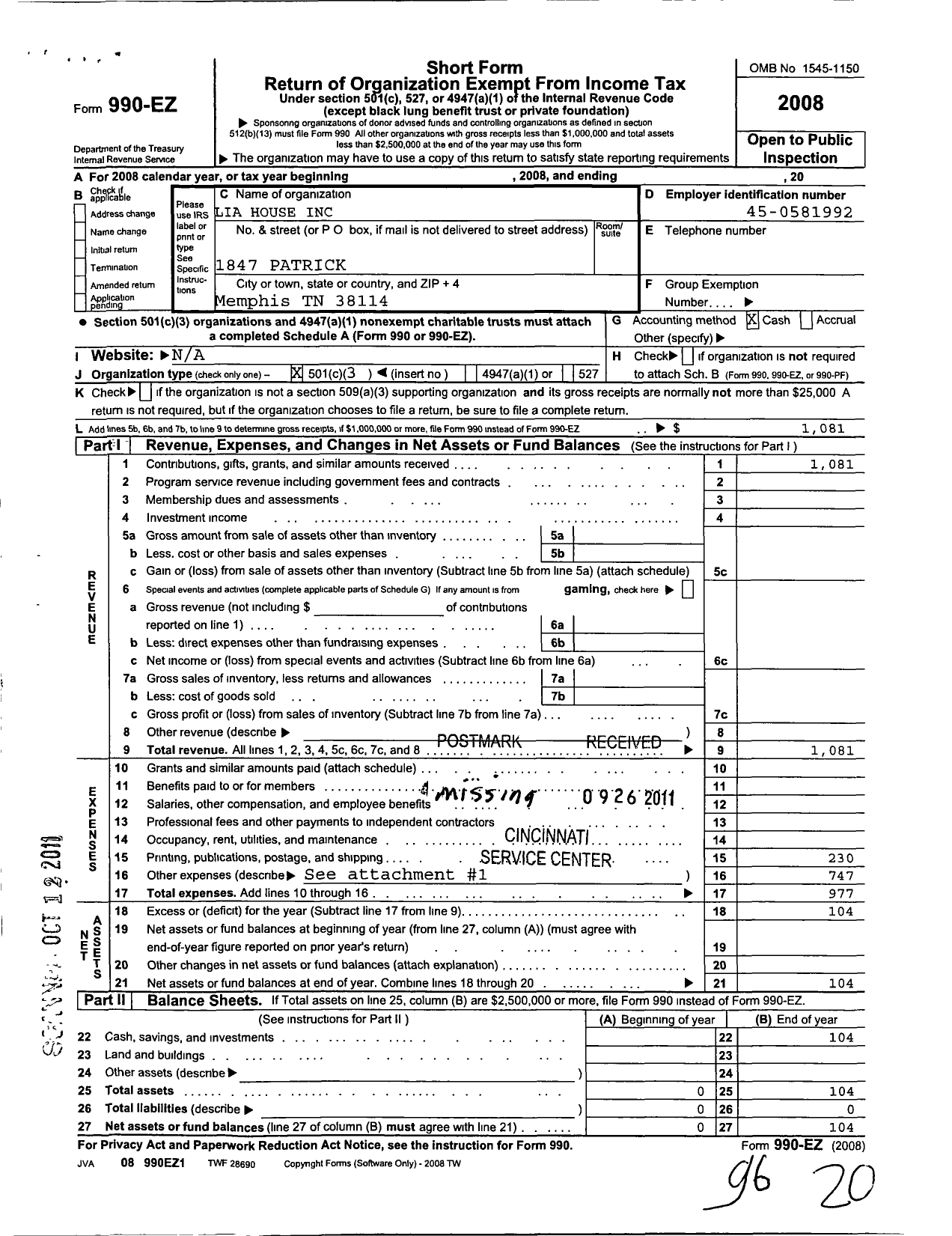 Image of first page of 2008 Form 990EZ for Lia House