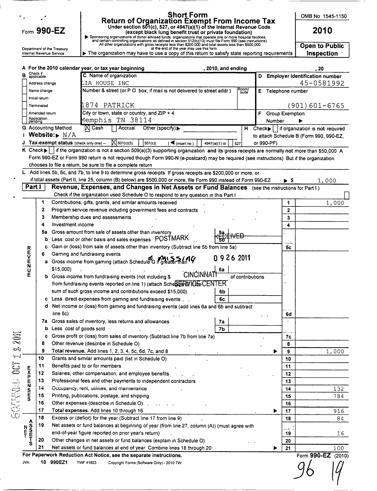 Image of first page of 2010 Form 990EZ for Lia House