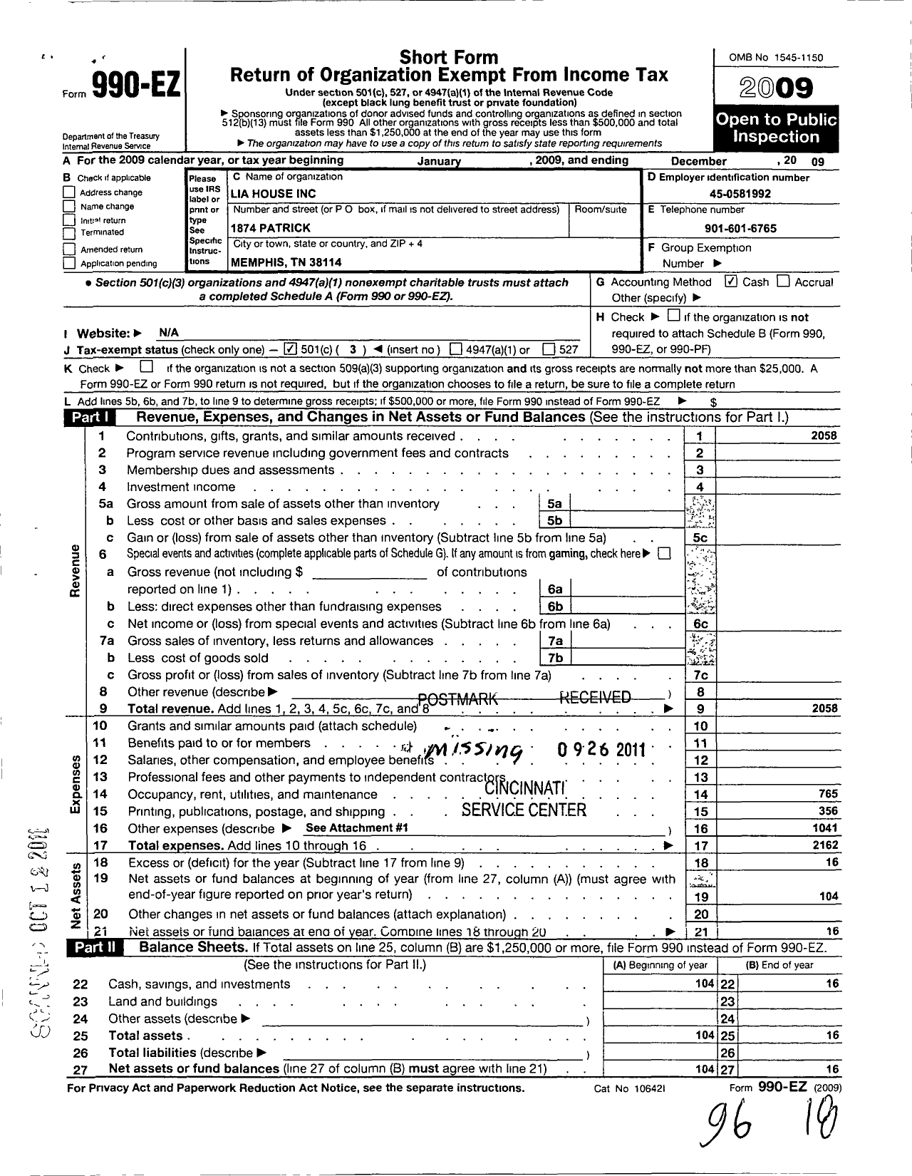 Image of first page of 2009 Form 990EZ for Lia House