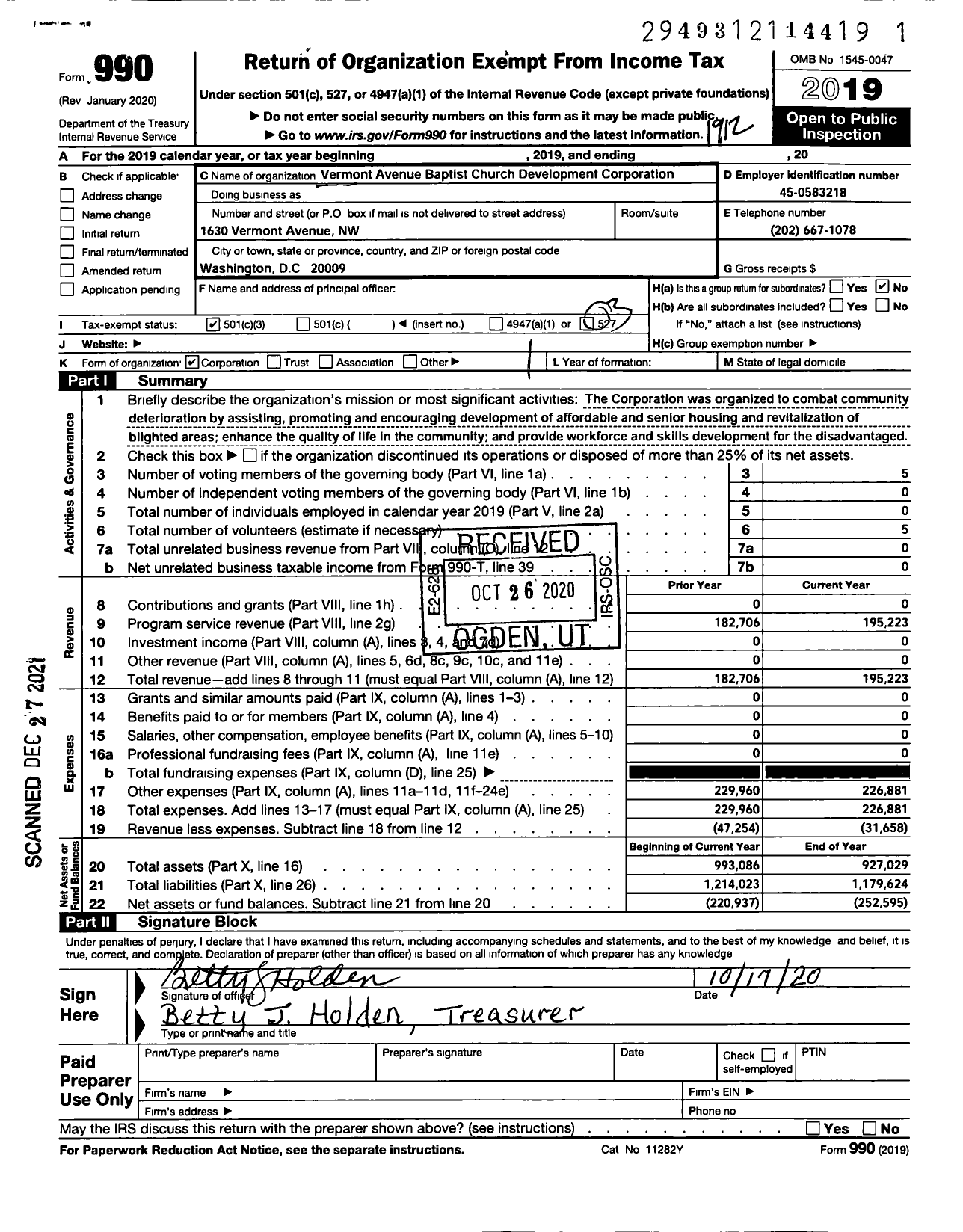 Image of first page of 2019 Form 990 for Vermont Avenue Baptist Church Development Corporation