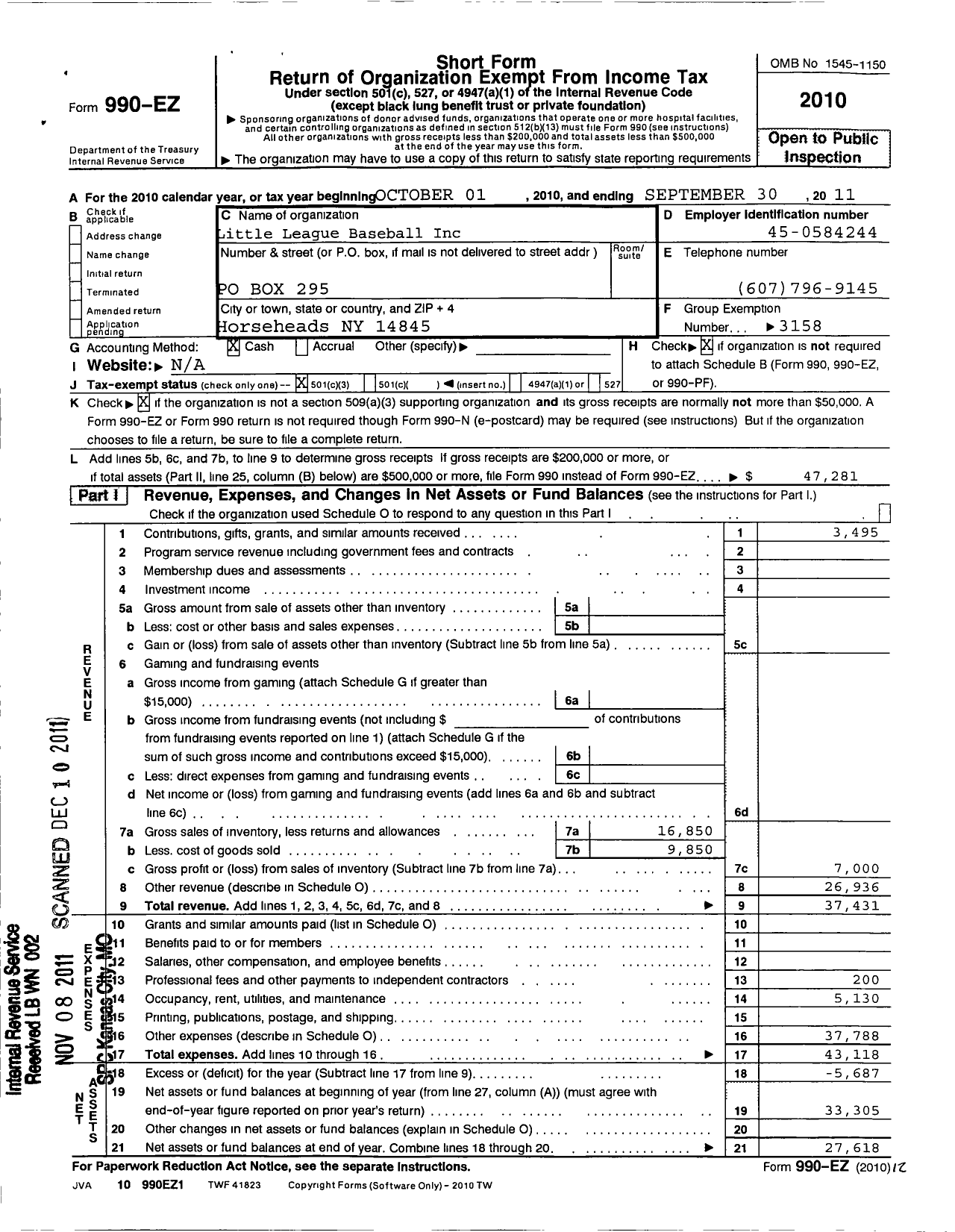 Image of first page of 2010 Form 990EZ for Little League Baseball - 2320615 Horseheads LL