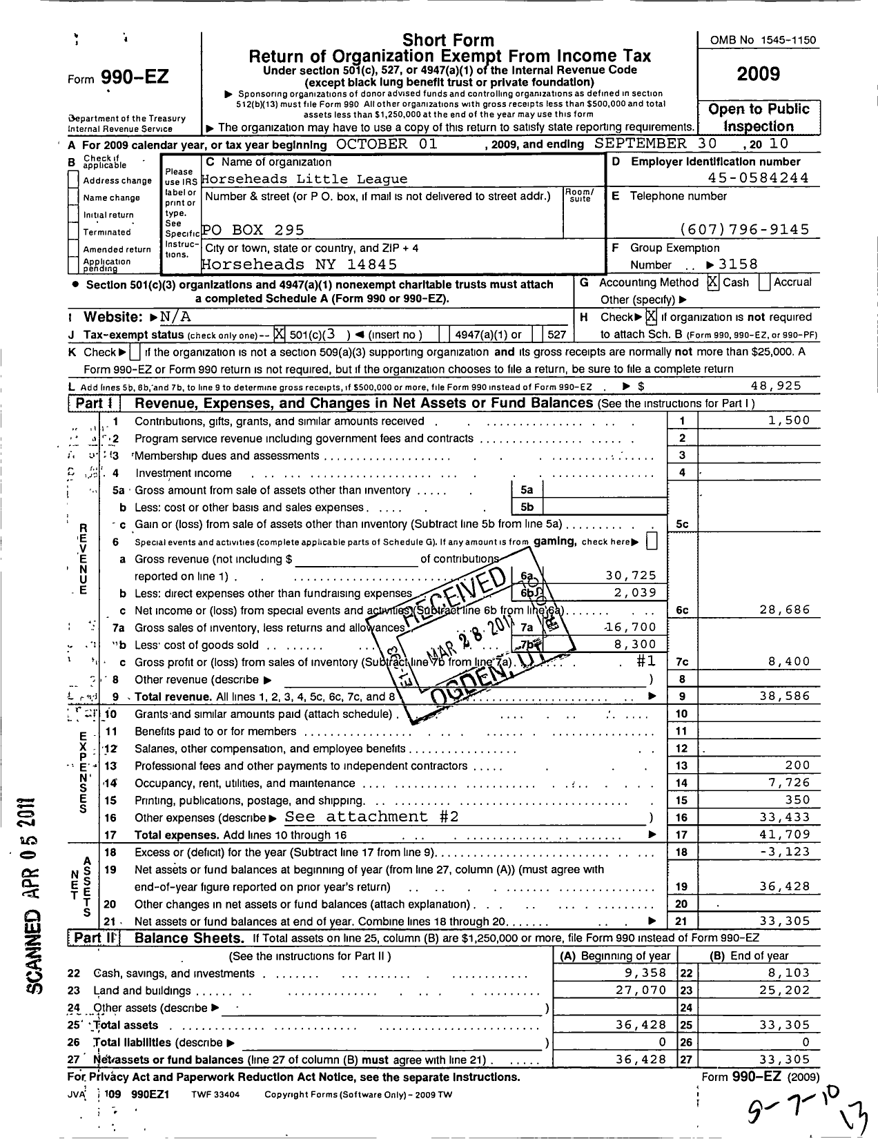 Image of first page of 2009 Form 990EZ for Little League Baseball - 2320615 Horseheads LL