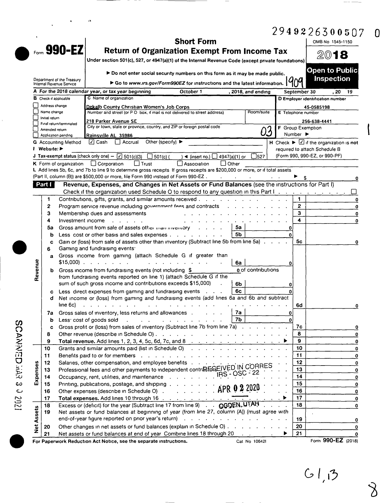 Image of first page of 2018 Form 990EZ for Dekalb County Christian Womens Job Corps