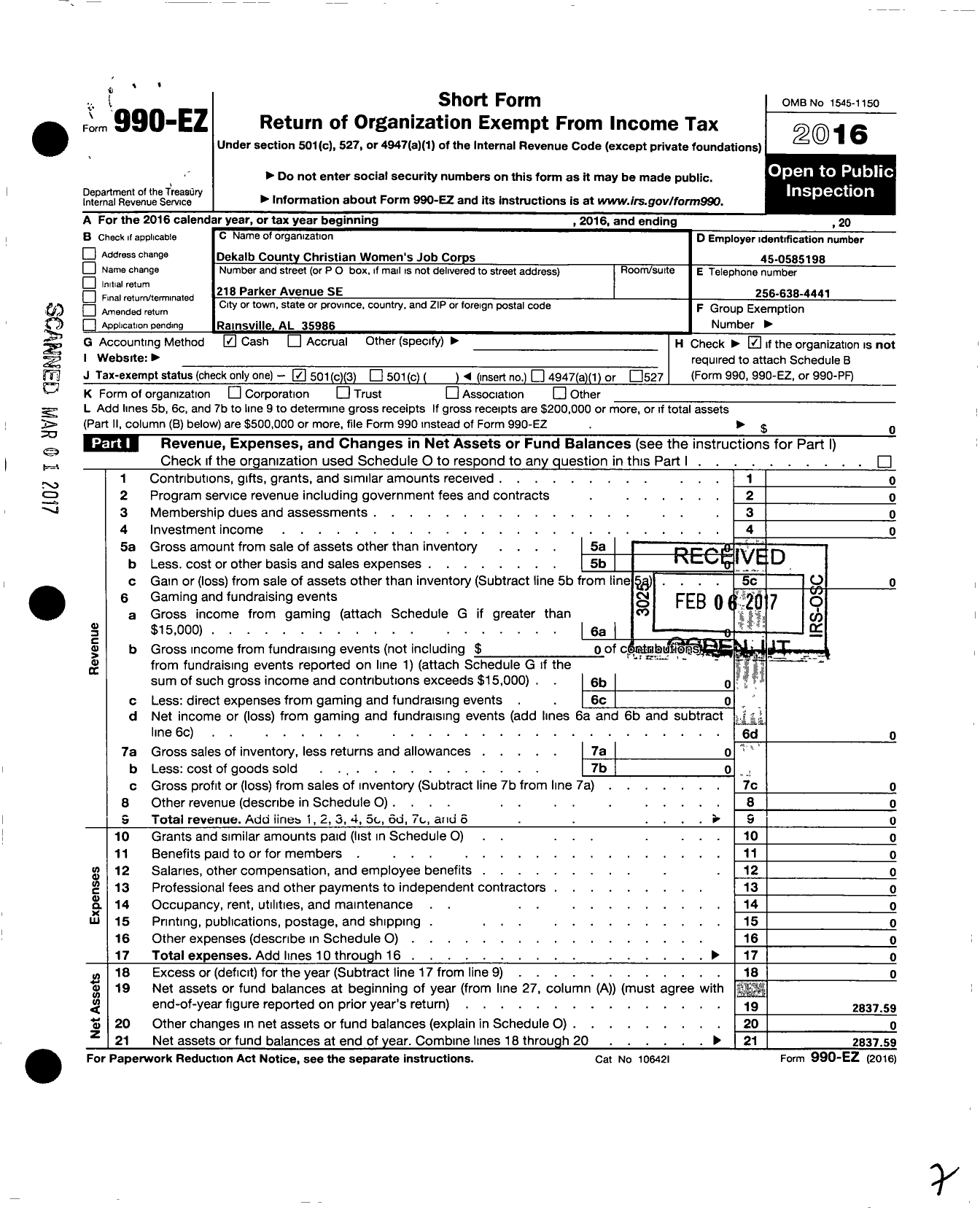 Image of first page of 2016 Form 990EZ for Dekalb County Christian Womens Job Corps